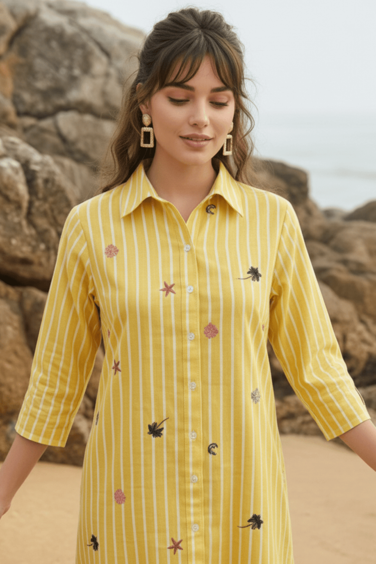 Yellow Striped Embroidered Shirt Dress - Freyaa