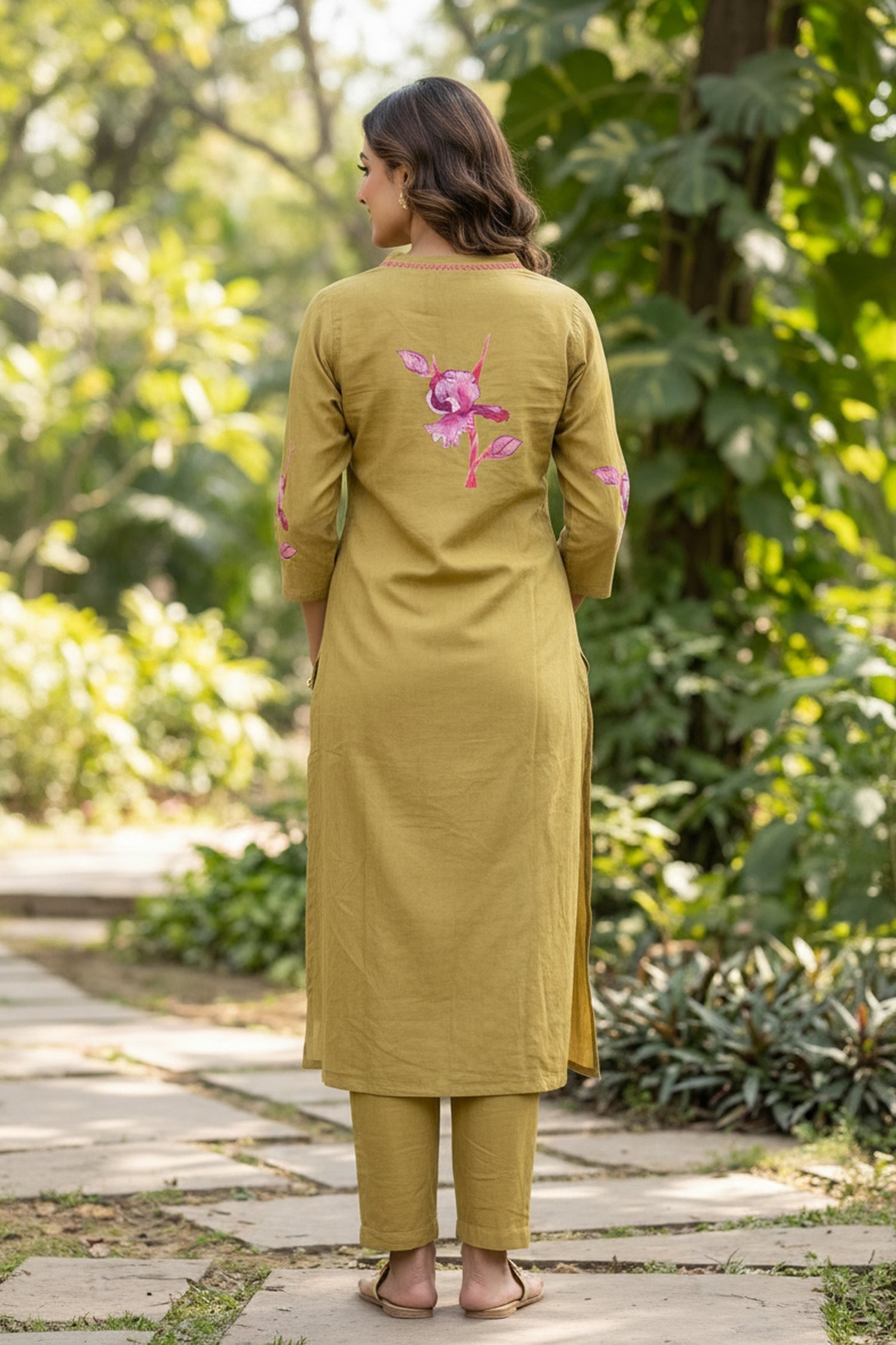 Olive Green Mul Cotton  Floral Hand Painted Straight Kurta Co-Ord Set
