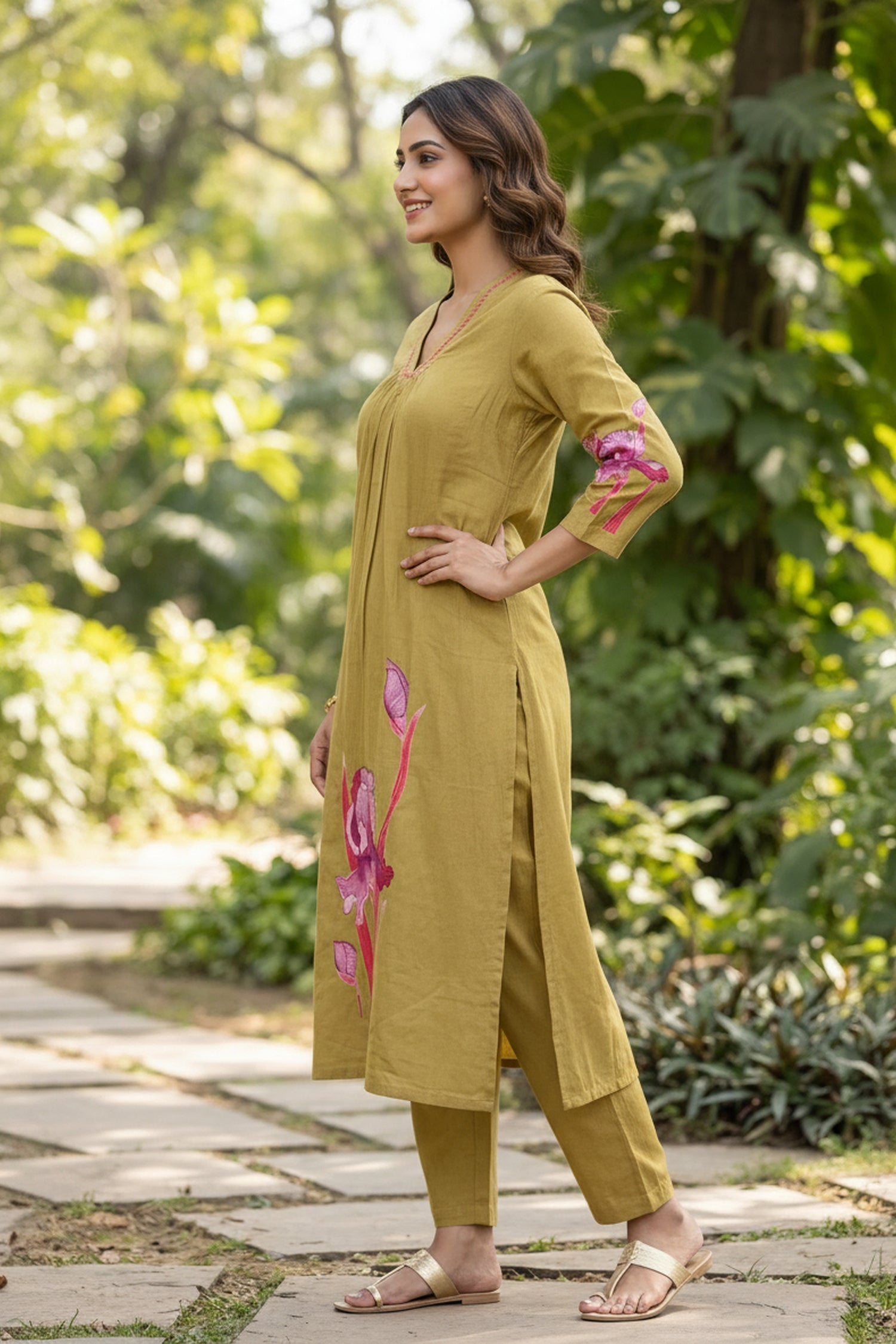 Olive Green Mul Cotton  Floral Hand Painted Straight Kurta Co-Ord Set