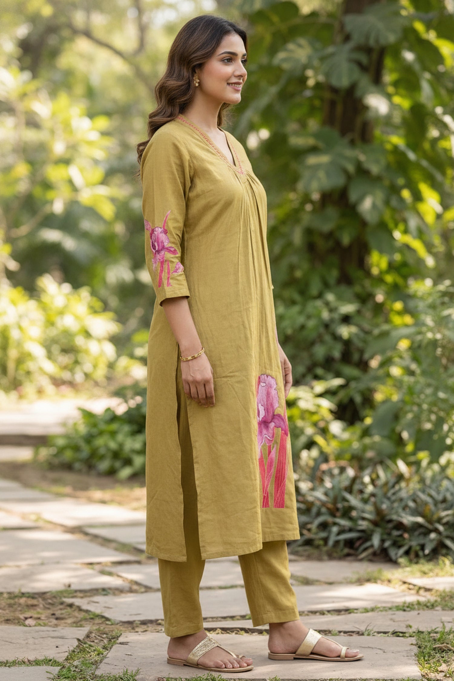 Olive Green Mul Cotton  Floral Hand Painted Straight Kurta Co-Ord Set