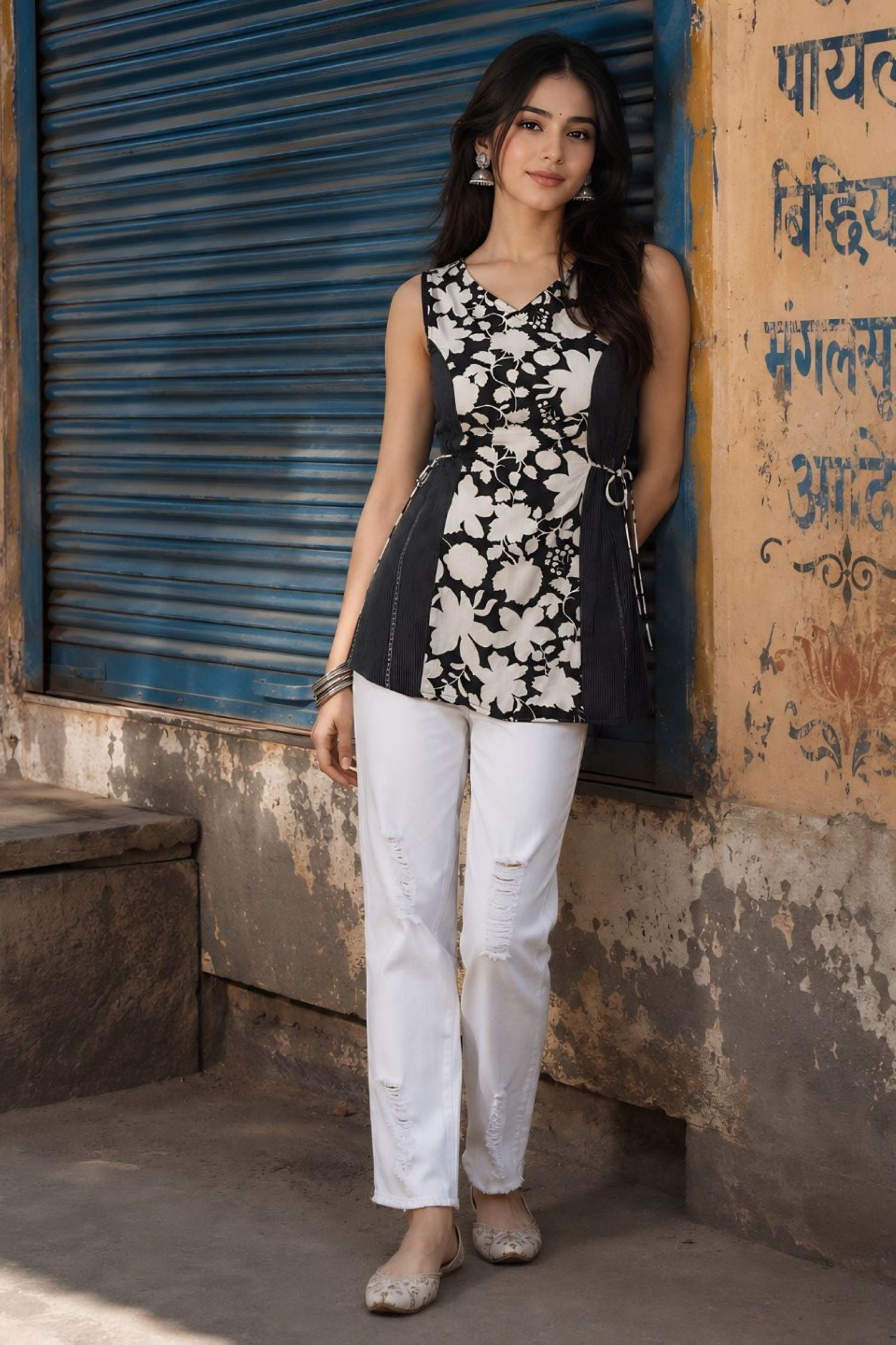 Black and White Floral Sleeveless Top