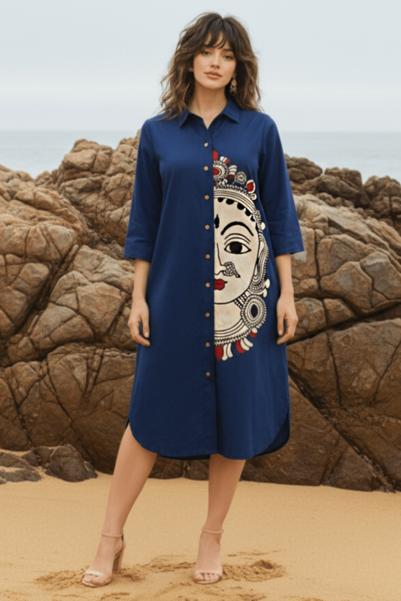 Relaxed Fit Kathakali Print Shirt Dress - Freyaa USA & Canada