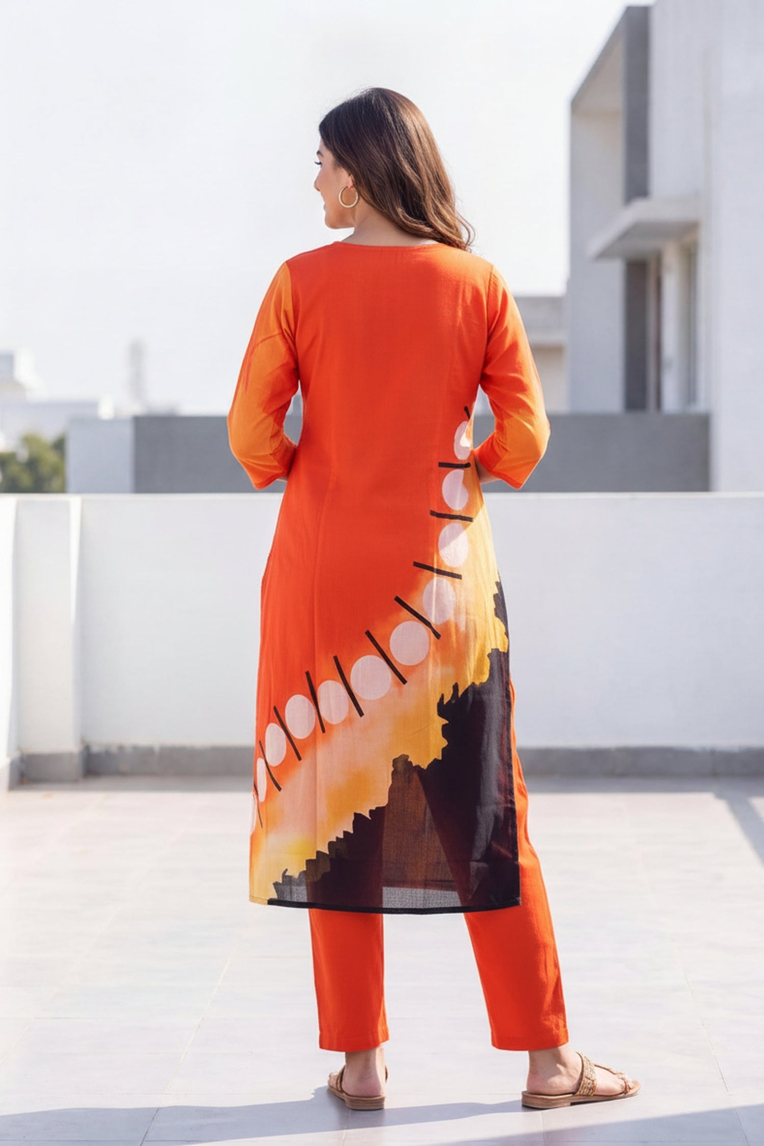 Orange & Black Asymmetric Layered Cotton Kurta Co-Ord Set