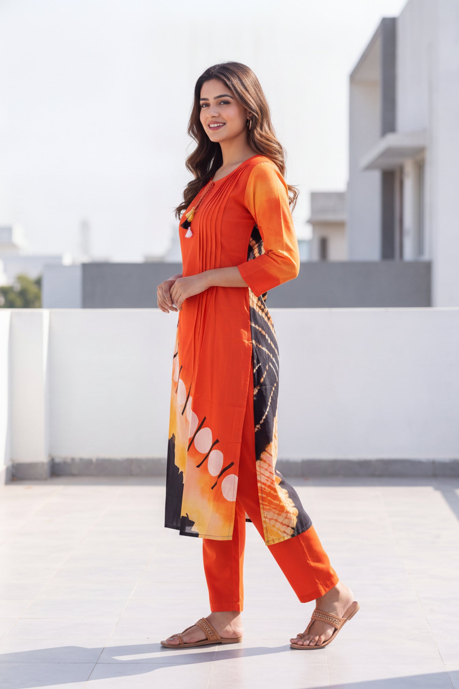 Orange & Black Asymmetric Layered Cotton Kurta Co-Ord Set