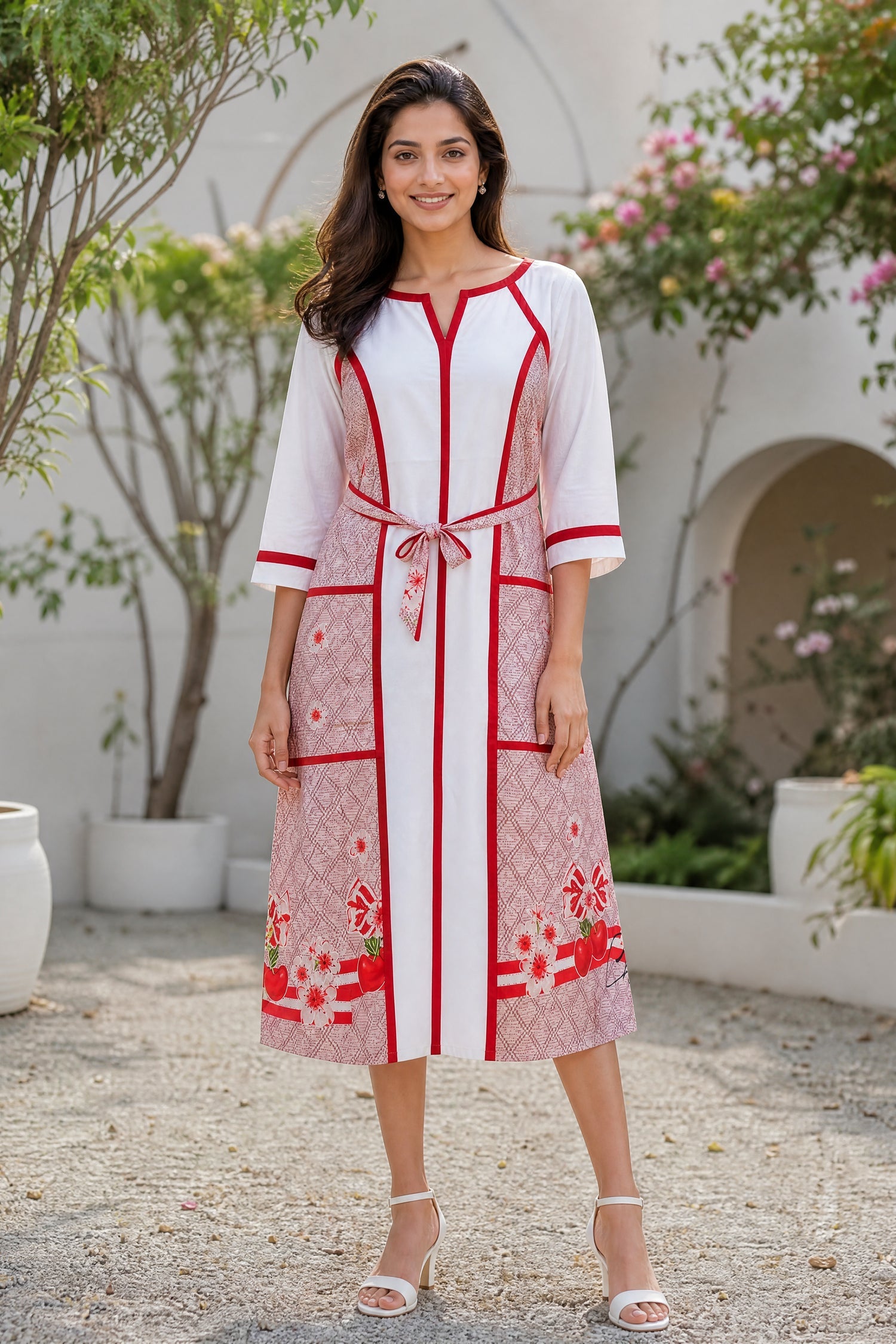 Women's White Cherry Breeze Prints A-line Cotton Dress.