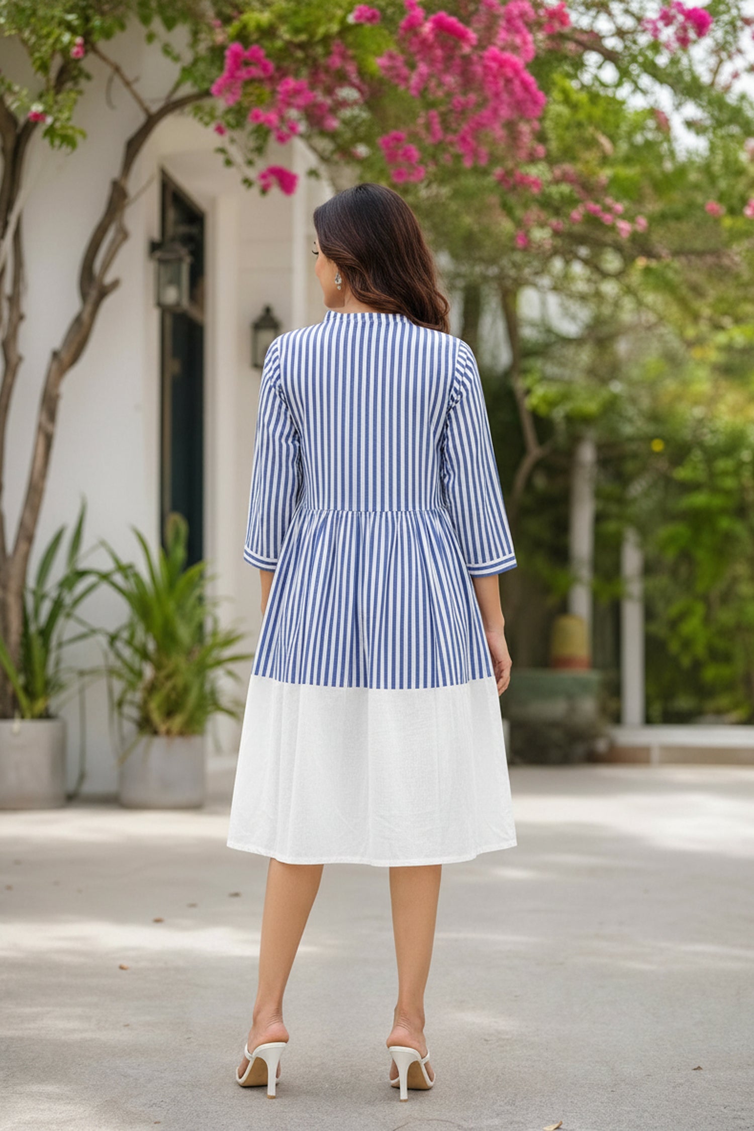 Blue & White Striped A-Line Tunic Shirt Dress.