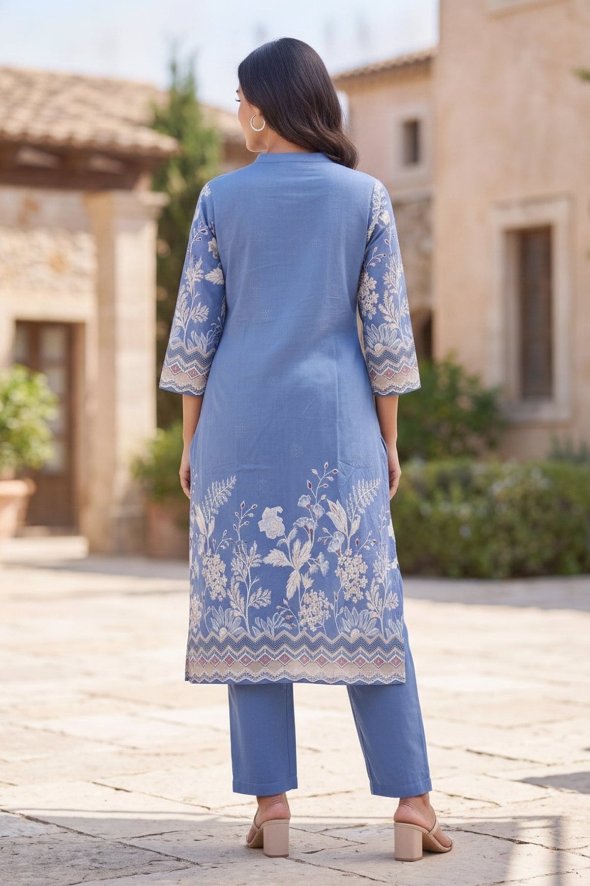 Powder Blue Floral Border CordSet - Freyaa