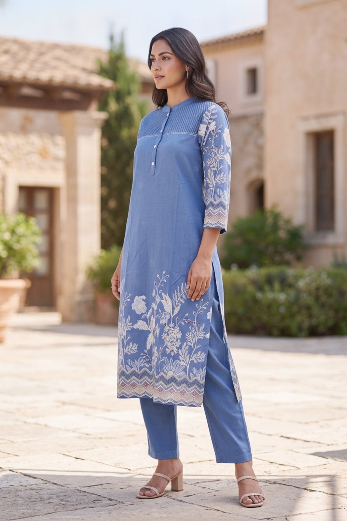 Powder Blue Floral Border CordSet - Freyaa