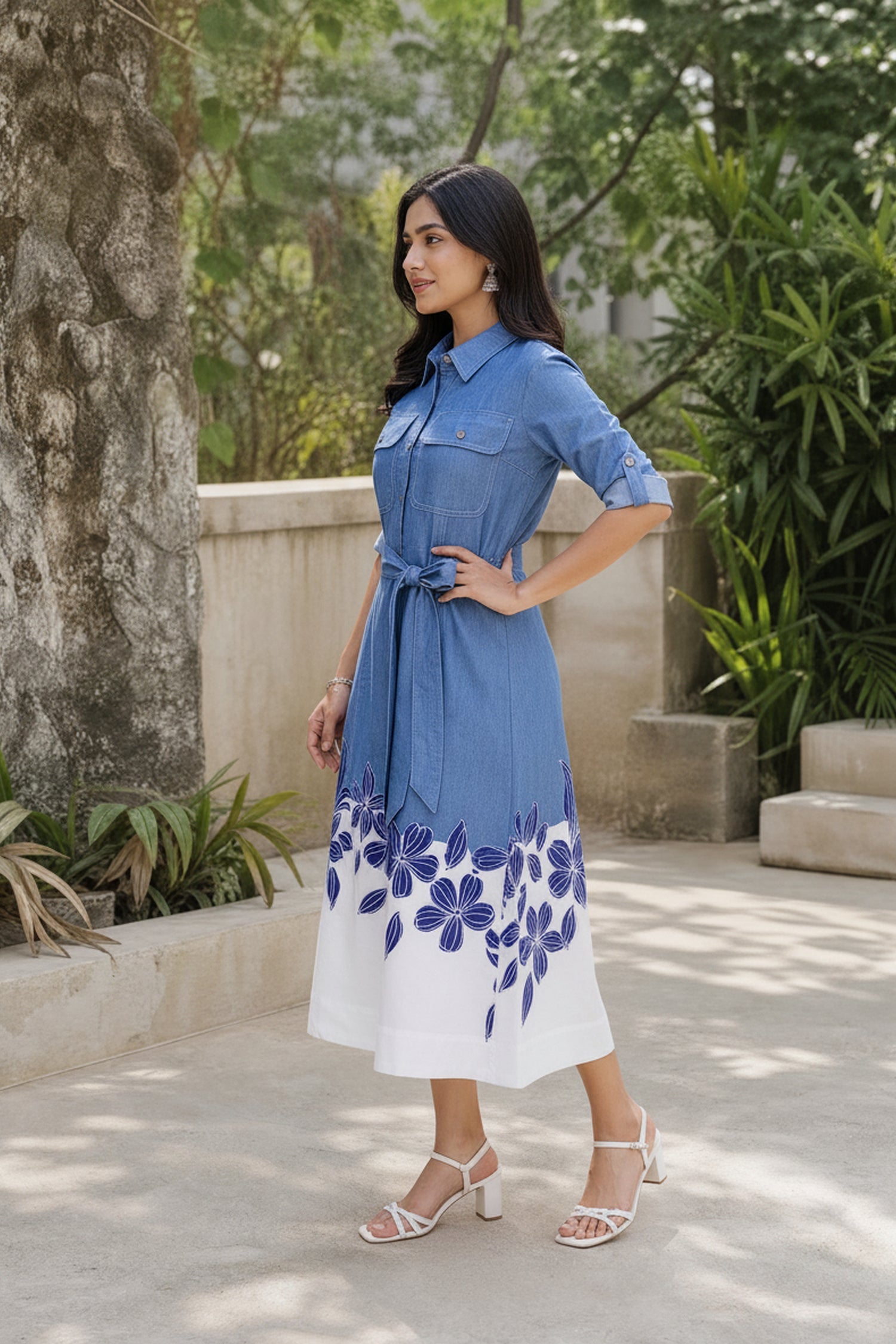 Denim Ochre Belted & Floral Applique Midi Dress.