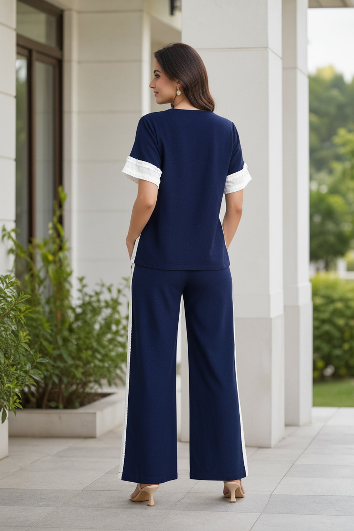 Chic Navy Blue Button Down Top & Wide Leg Trouser Co-Ord set