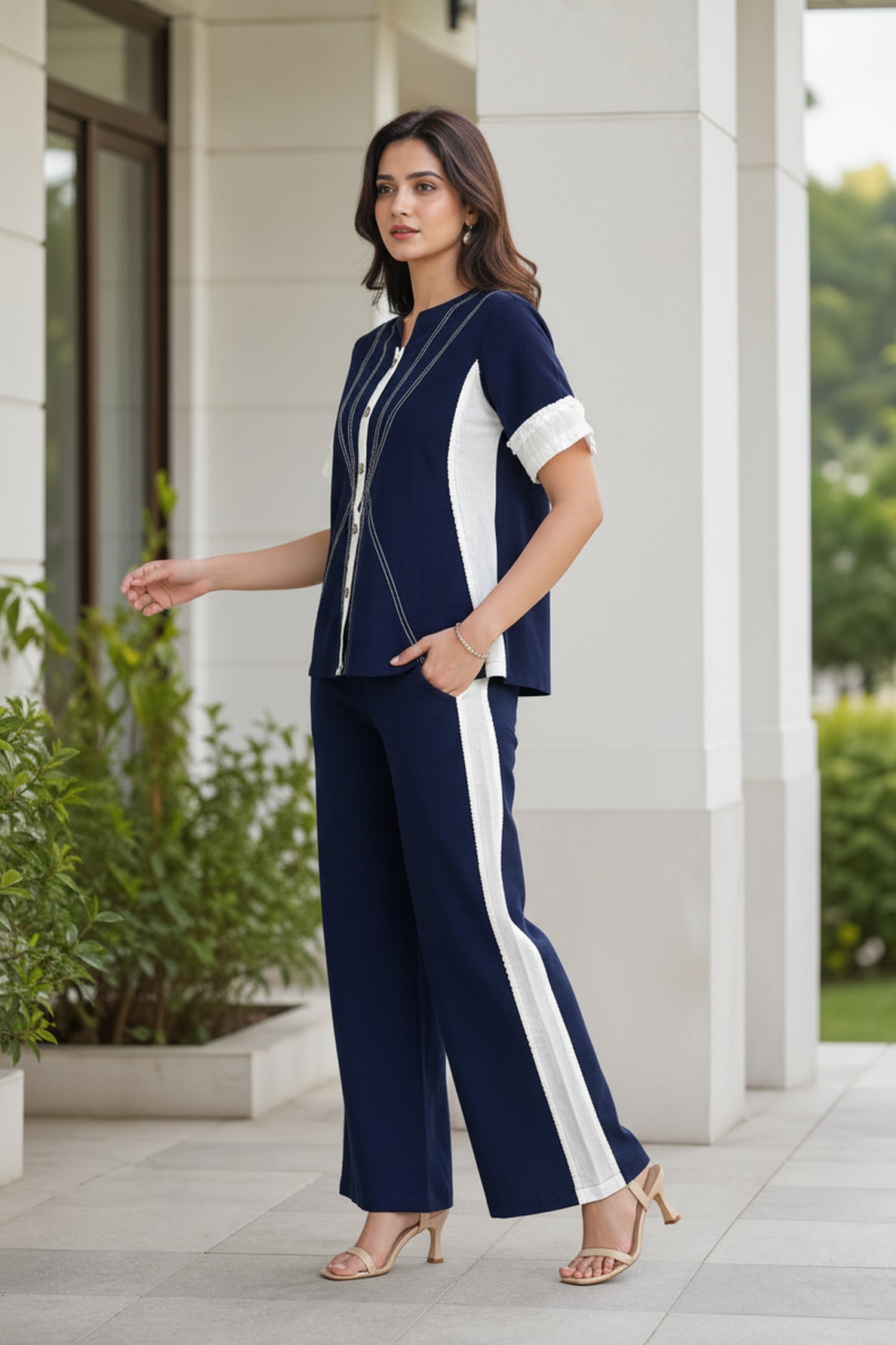 Chic Navy Blue Button Down Top & Wide Leg Trouser Co-Ord set