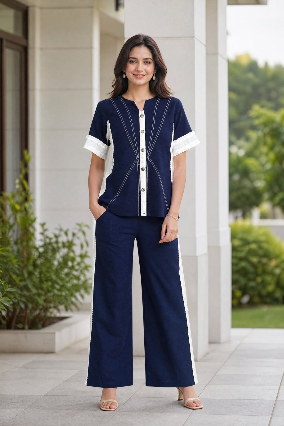 Chic Navy Blue Button Down Top & Wide Leg Trouser Co-Ord set - Freyaa