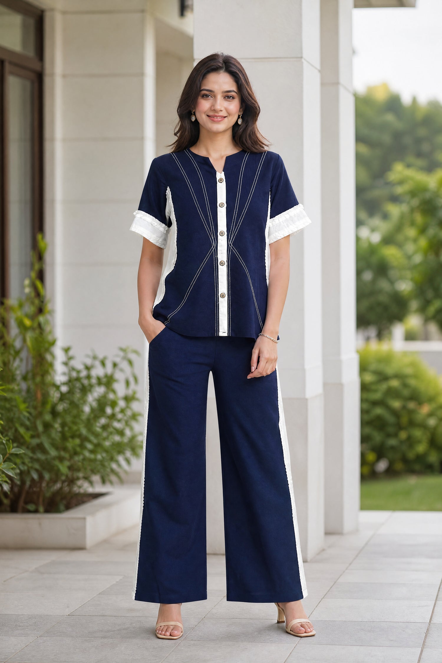 Chic Navy Blue Button Down Top & Wide Leg Trouser Co-Ord set