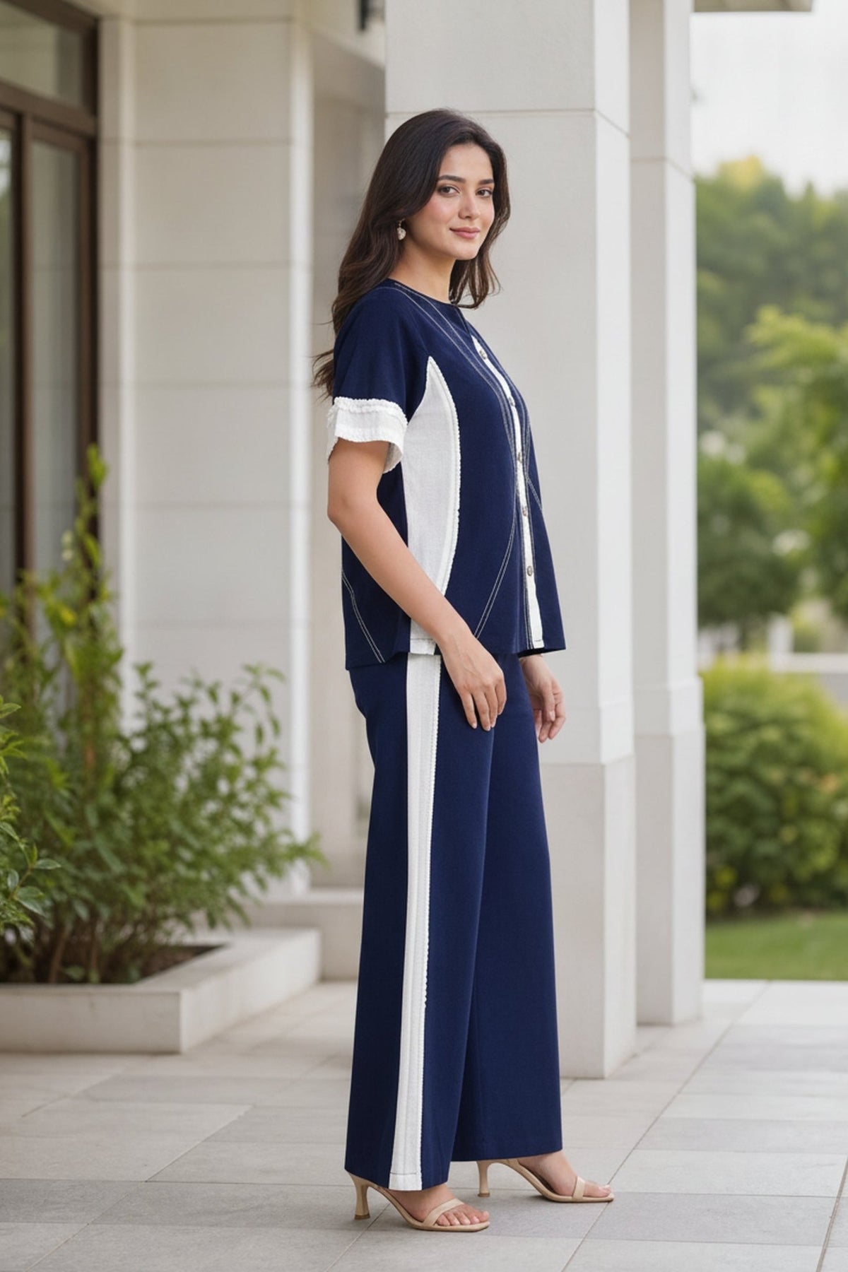 Chic Navy Blue Button Down Top & Wide Leg Trouser Co-Ord set - Freyaa