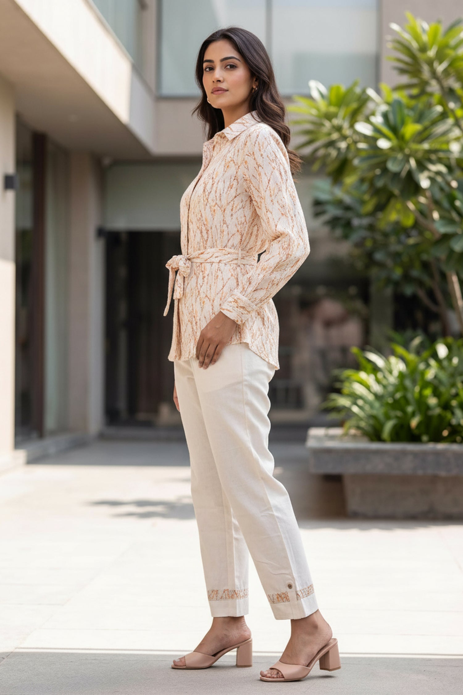 Light Peach Pink Patterned Tie- Waist  Cotton Co-Ord Set