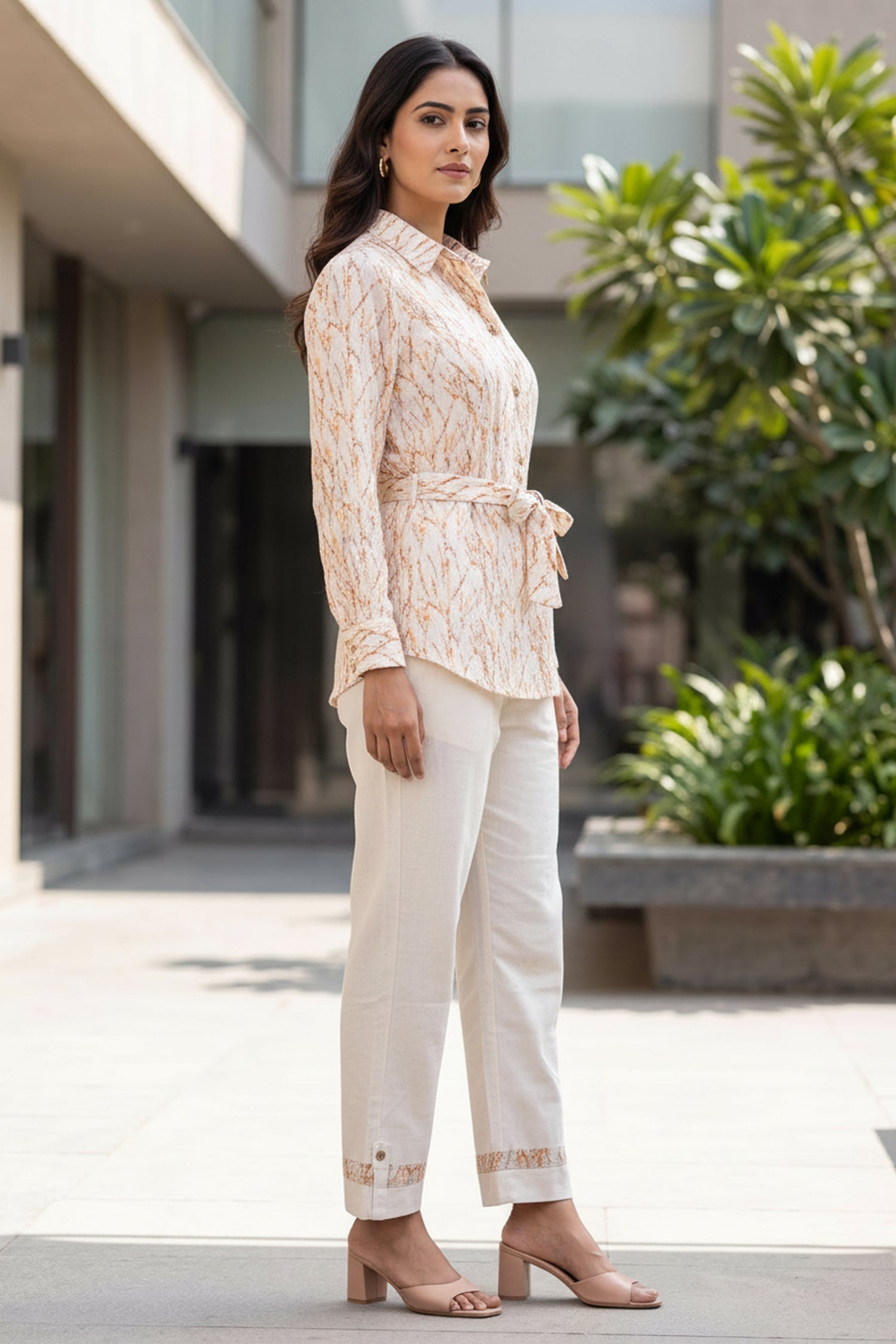 Light Peach Pink Patterned Tie- Waist  Cotton Co-Ord Set