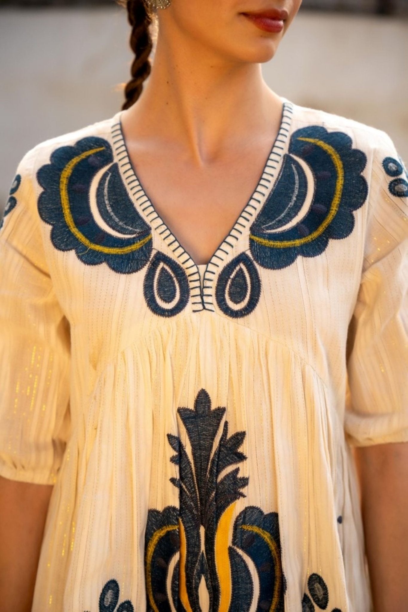 Soft Cream Tunic with Artistic Embroidery Detail - Freyaa USA & Canada