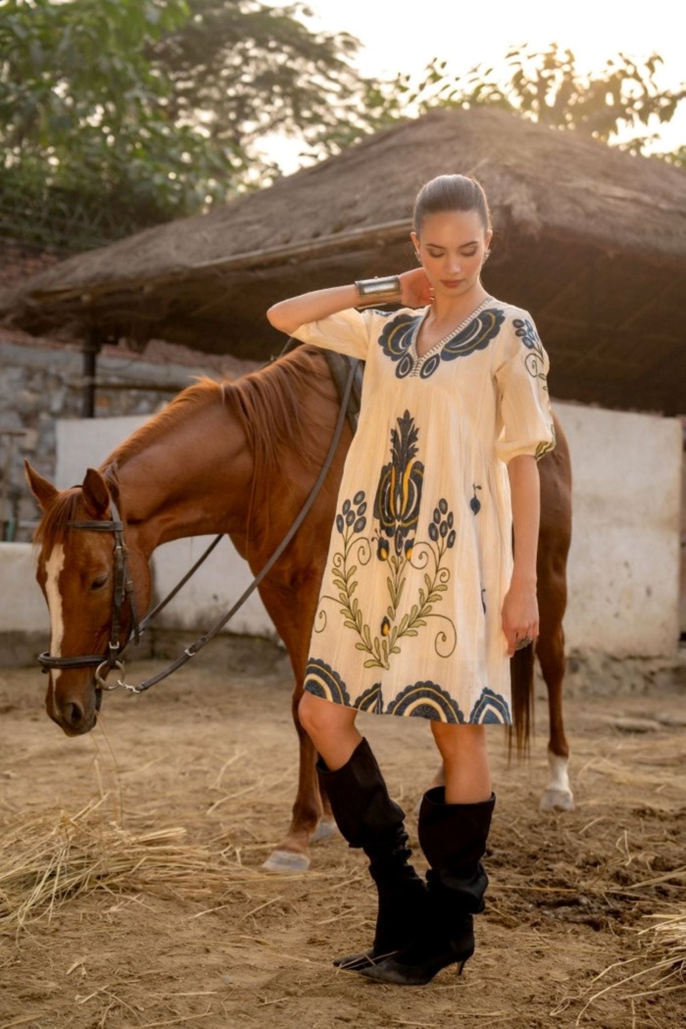 Soft Cream Tunic with Artistic Embroidery Detail - Freyaa USA & Canada