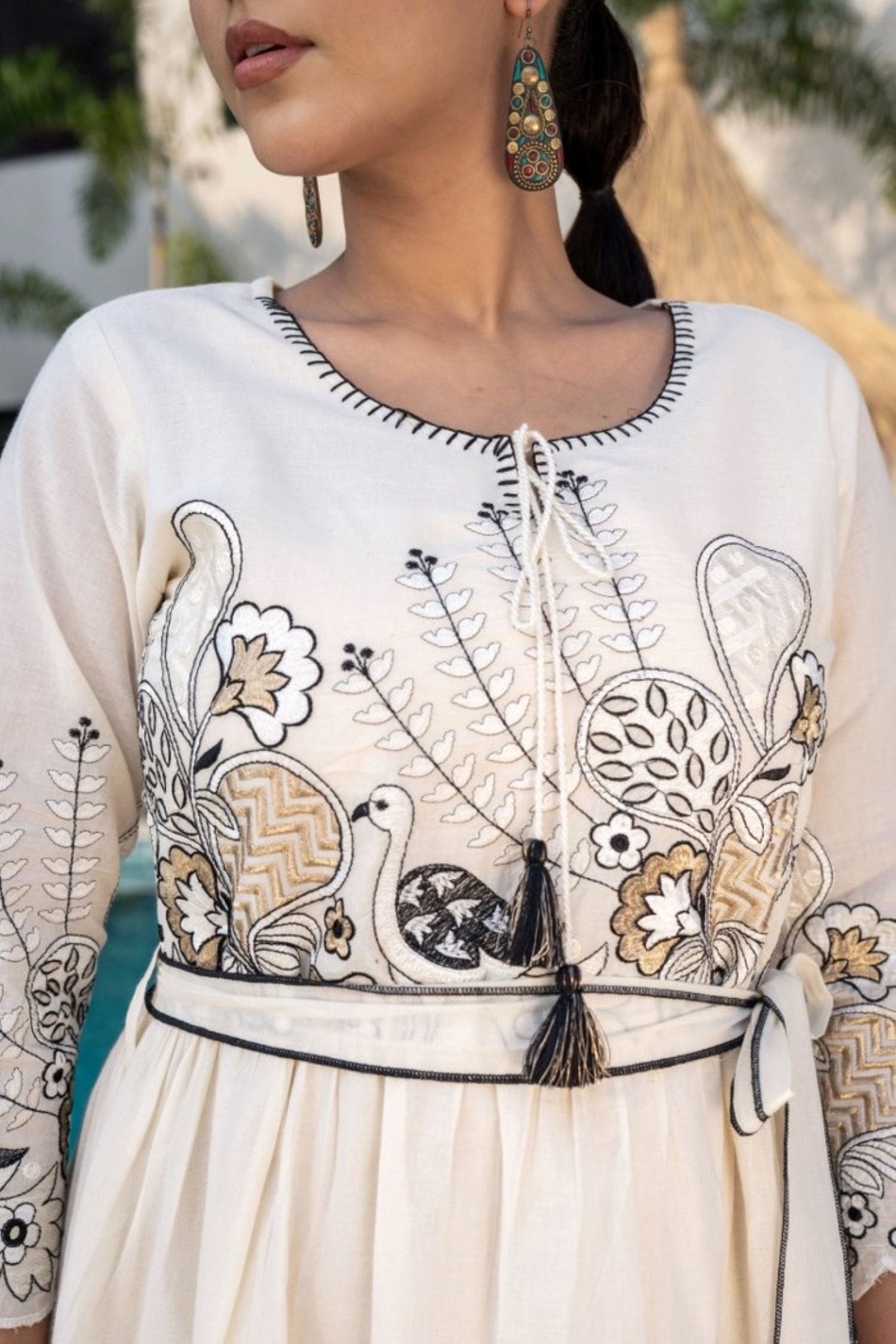 Elegant Cream Tunic with Black Patterned Designs - Freyaa USA & Canada