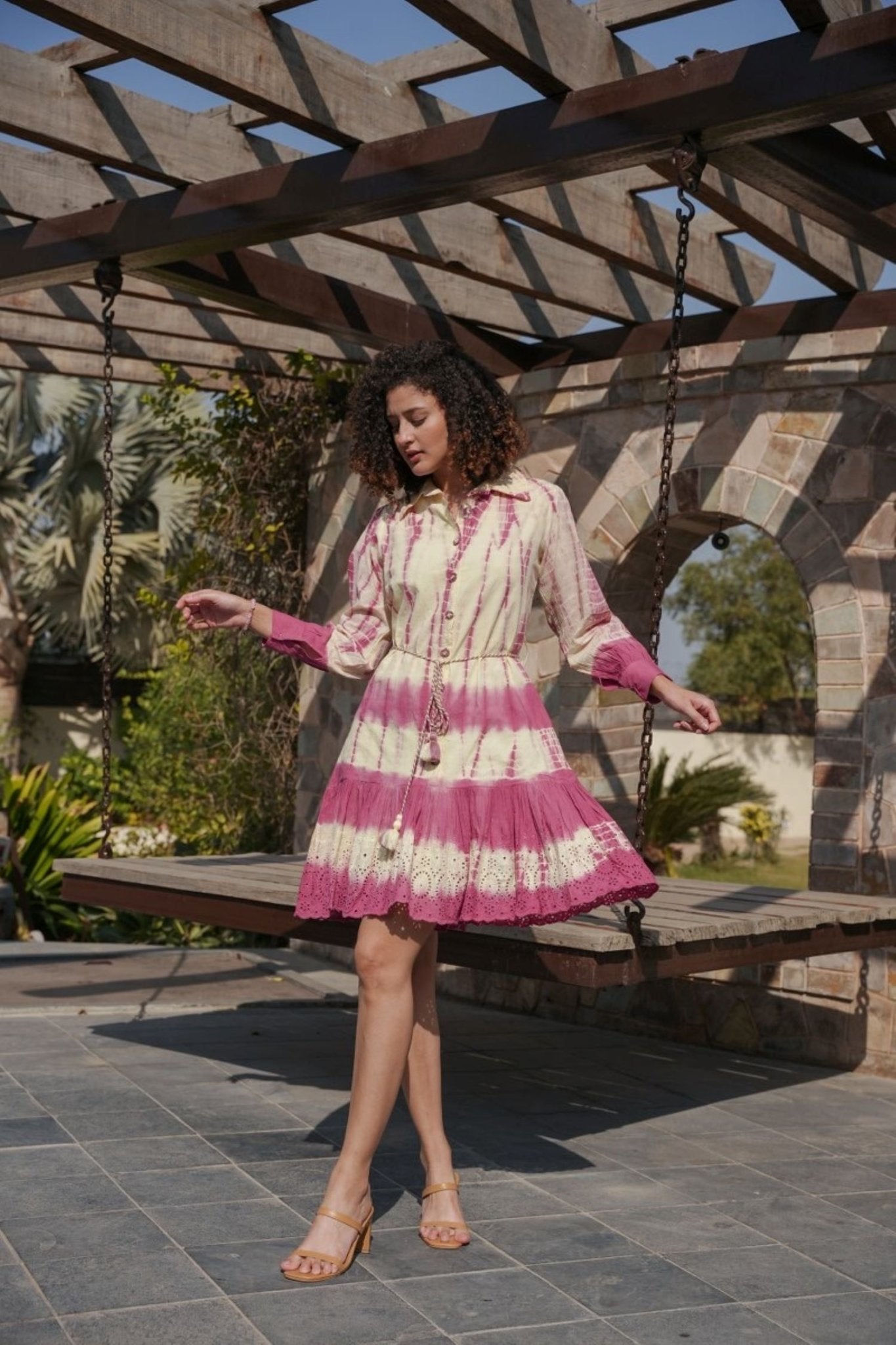 Chic Pink Tie-Dye Tunic with Collared Neckline - Freyaa USA & Canada