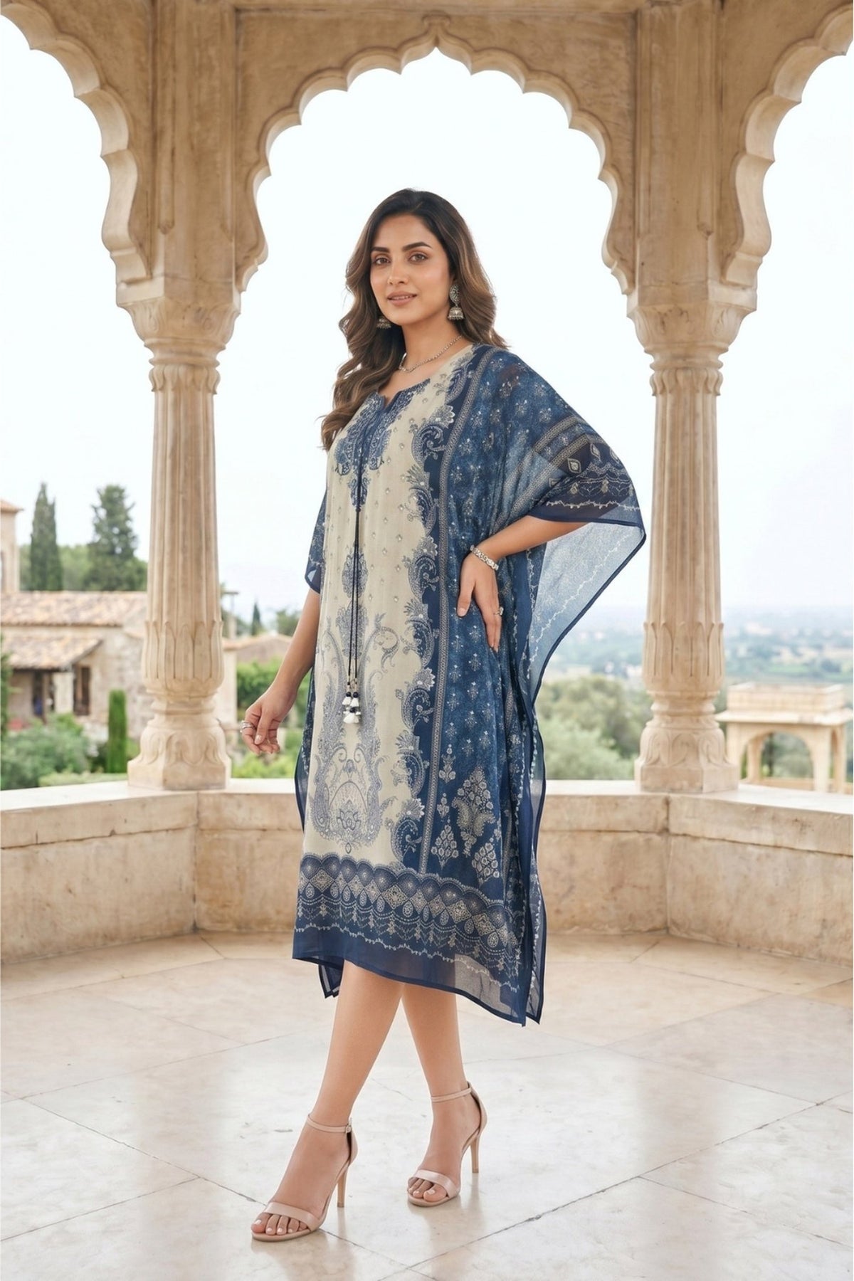 Midnight Blue Chinon Silk Long Kaftan Dress - Freyaa USA & Canada
