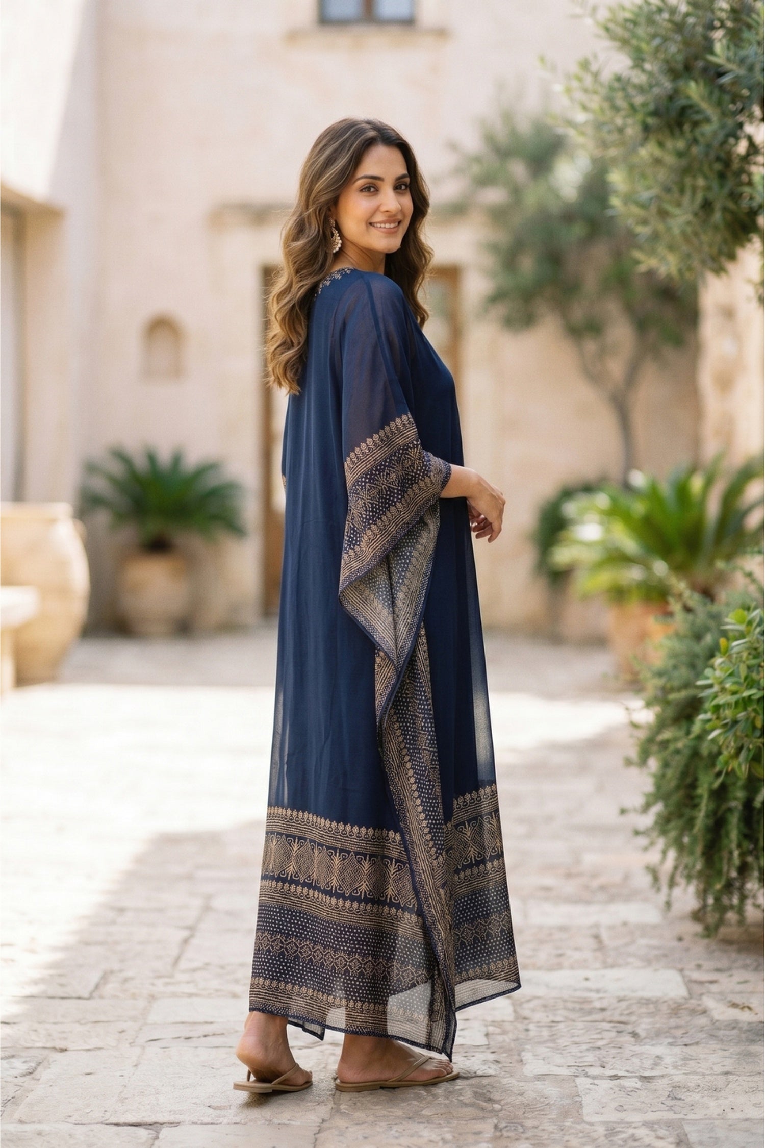 GOLD HAND EMBROIDERY NAVY BLUE KAFTAN.