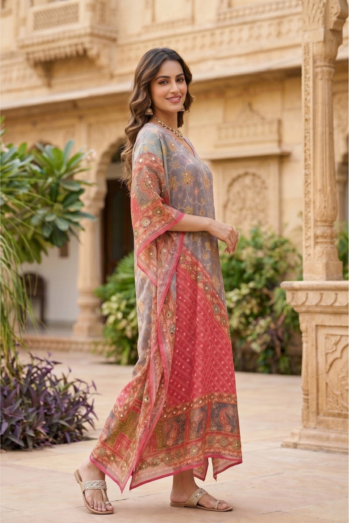 Mono Floral Printed Long Kaftan - Freyaa USA & Canada
