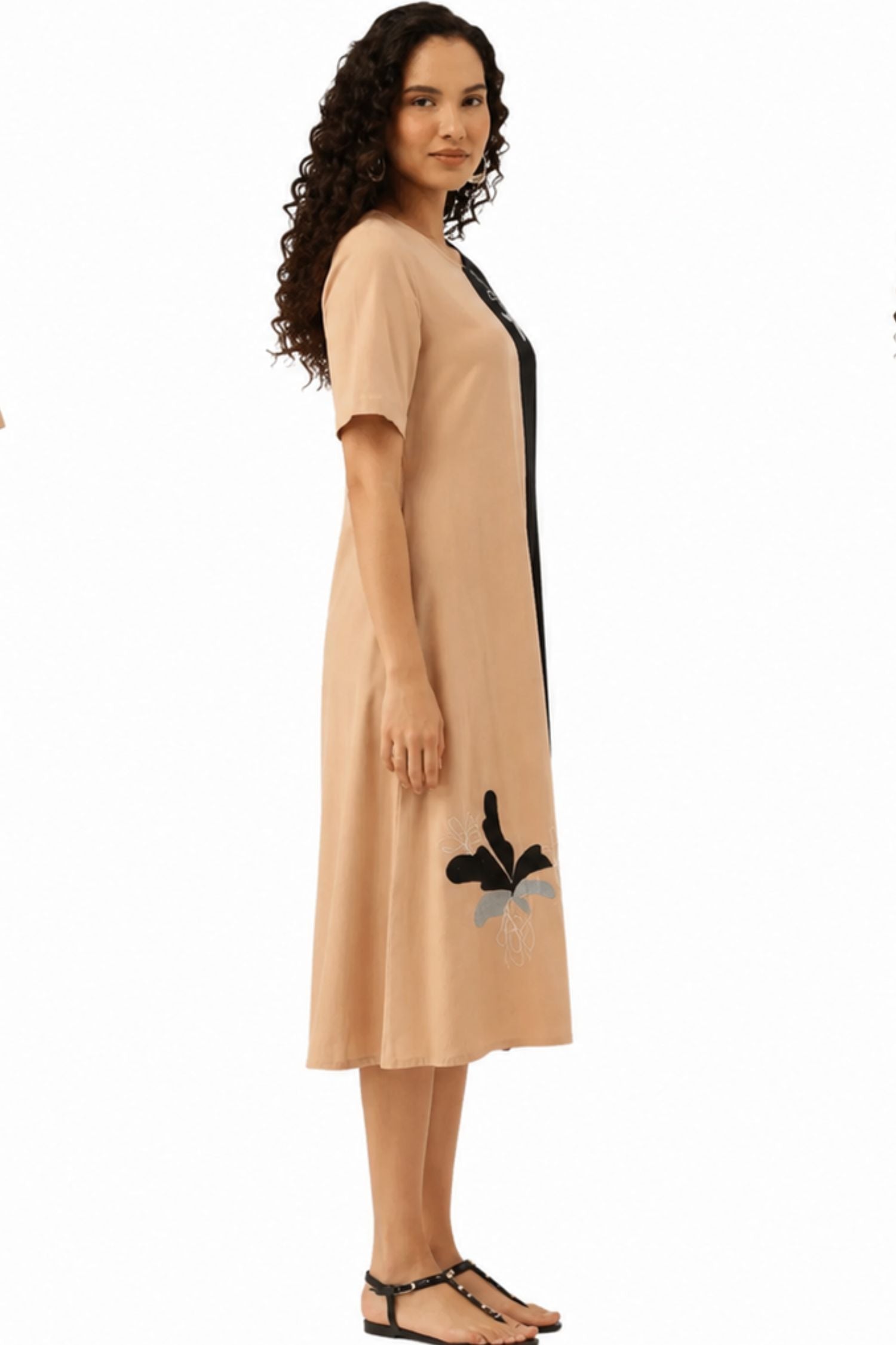 Beige Cotton Dress with Delicate Floral Motif