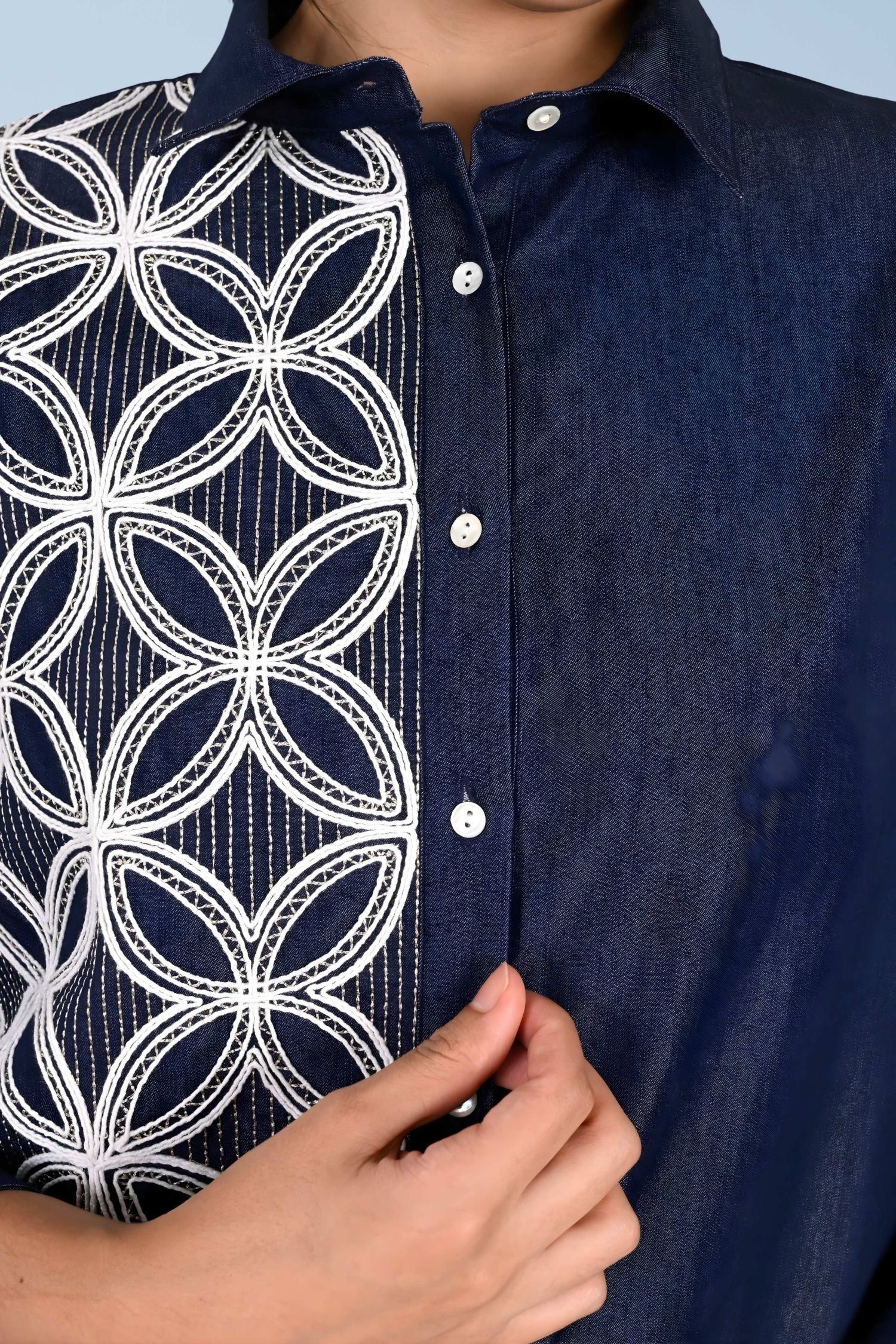 Navy Geometric Embroidered Shirt