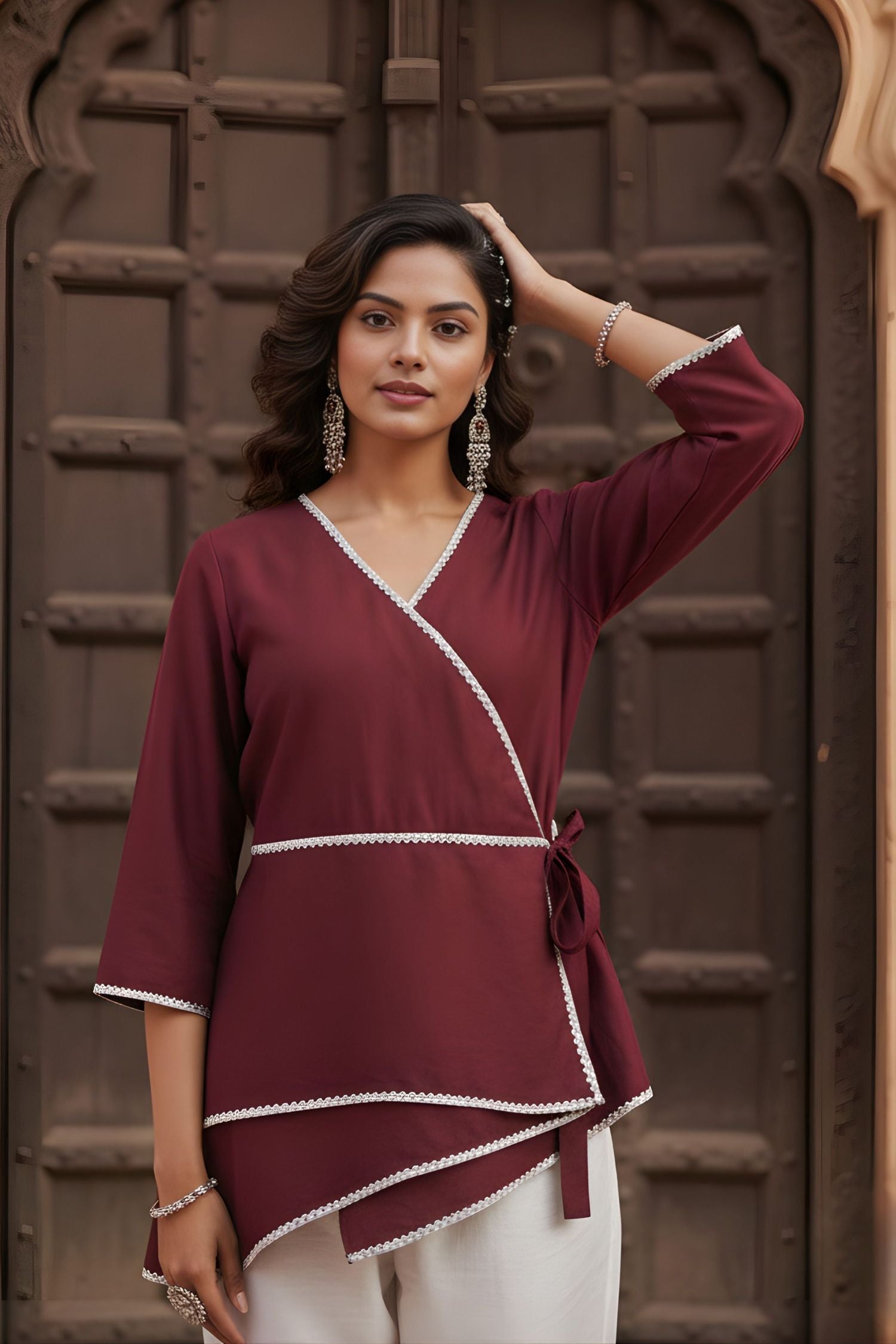 Maroon Wrap-Style Asymmetric Top
