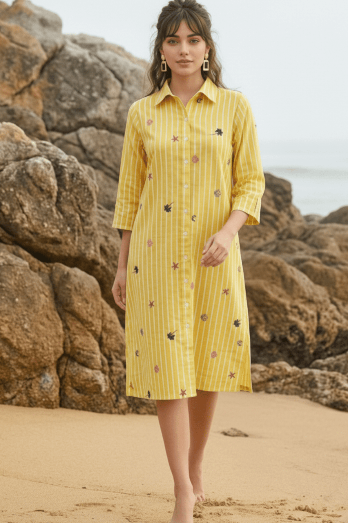 Yellow Striped Embroidered Shirt Dress - Freyaa