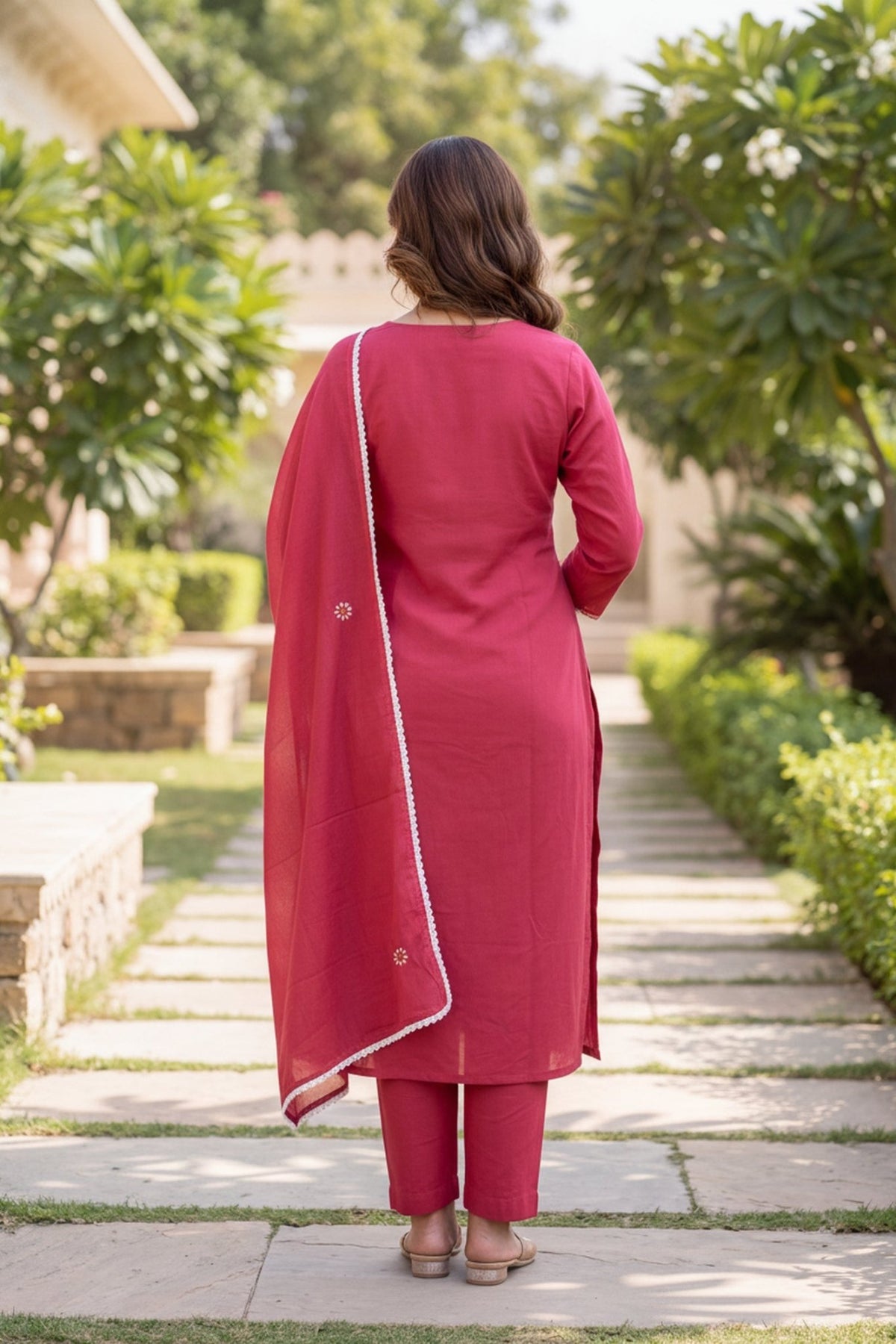 Freyaa Mul Cotton Pink Embroidered Straight Kurta Set with Dupatta - Freyaa