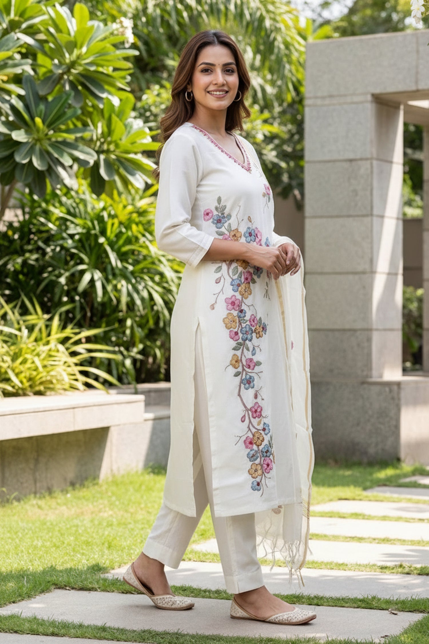 Off-White Floral Hand-Embroidered Mul Chanderi Kurta Set with Dupatta