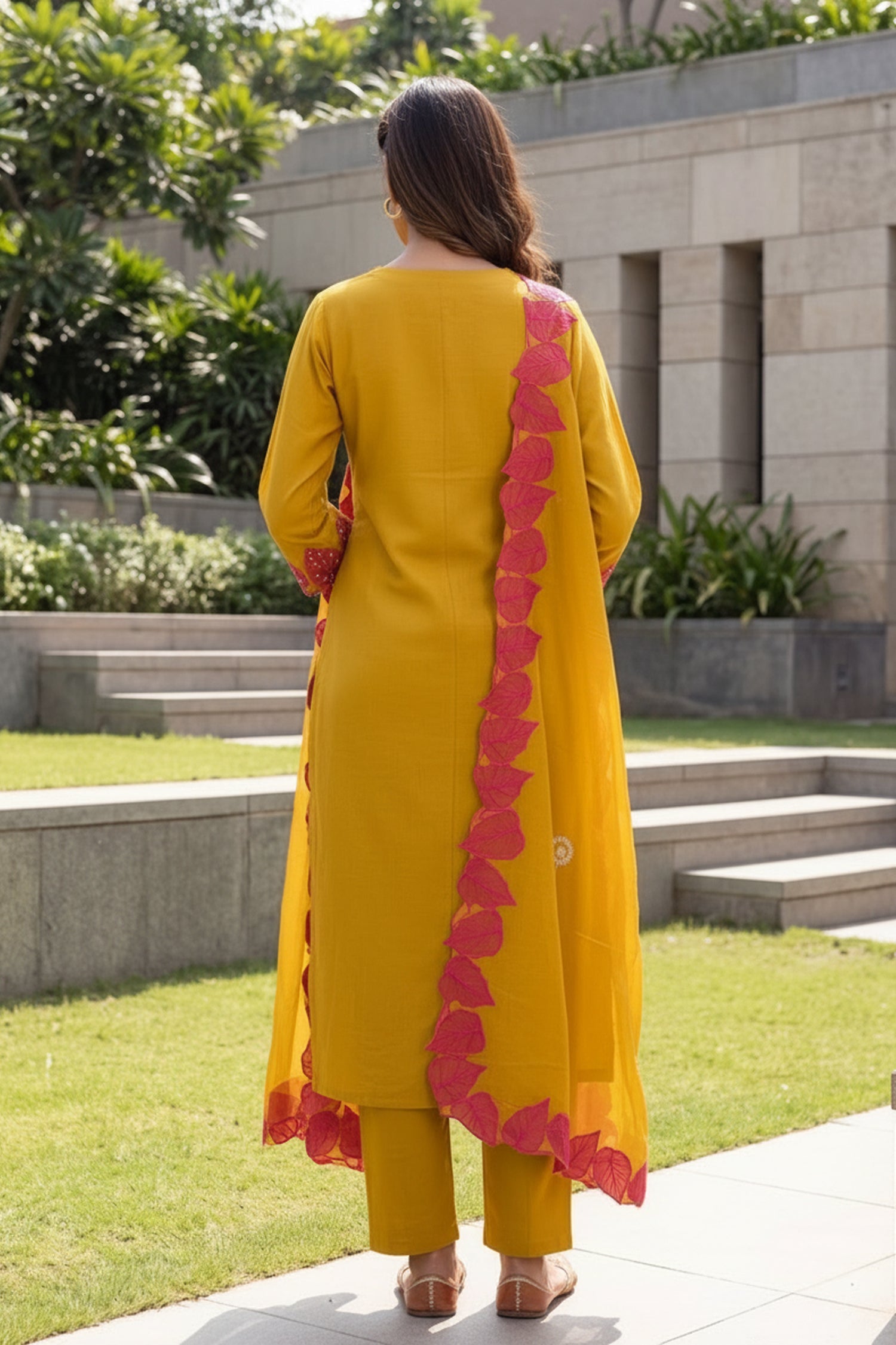 Mustard Pink Leaf Embroidered Three Piece Suit