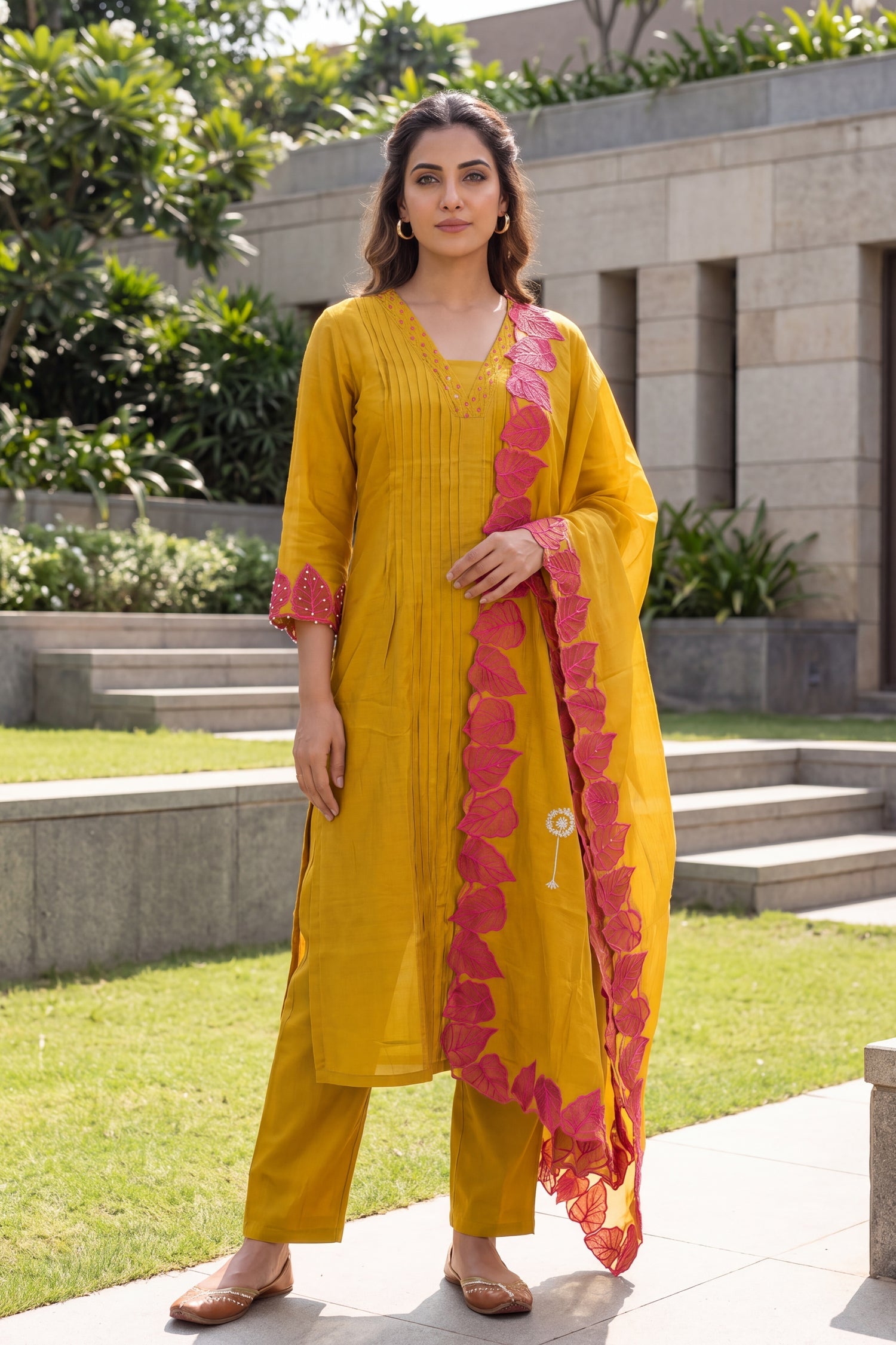 Mustard Pink Leaf Embroidered Three Piece Suit