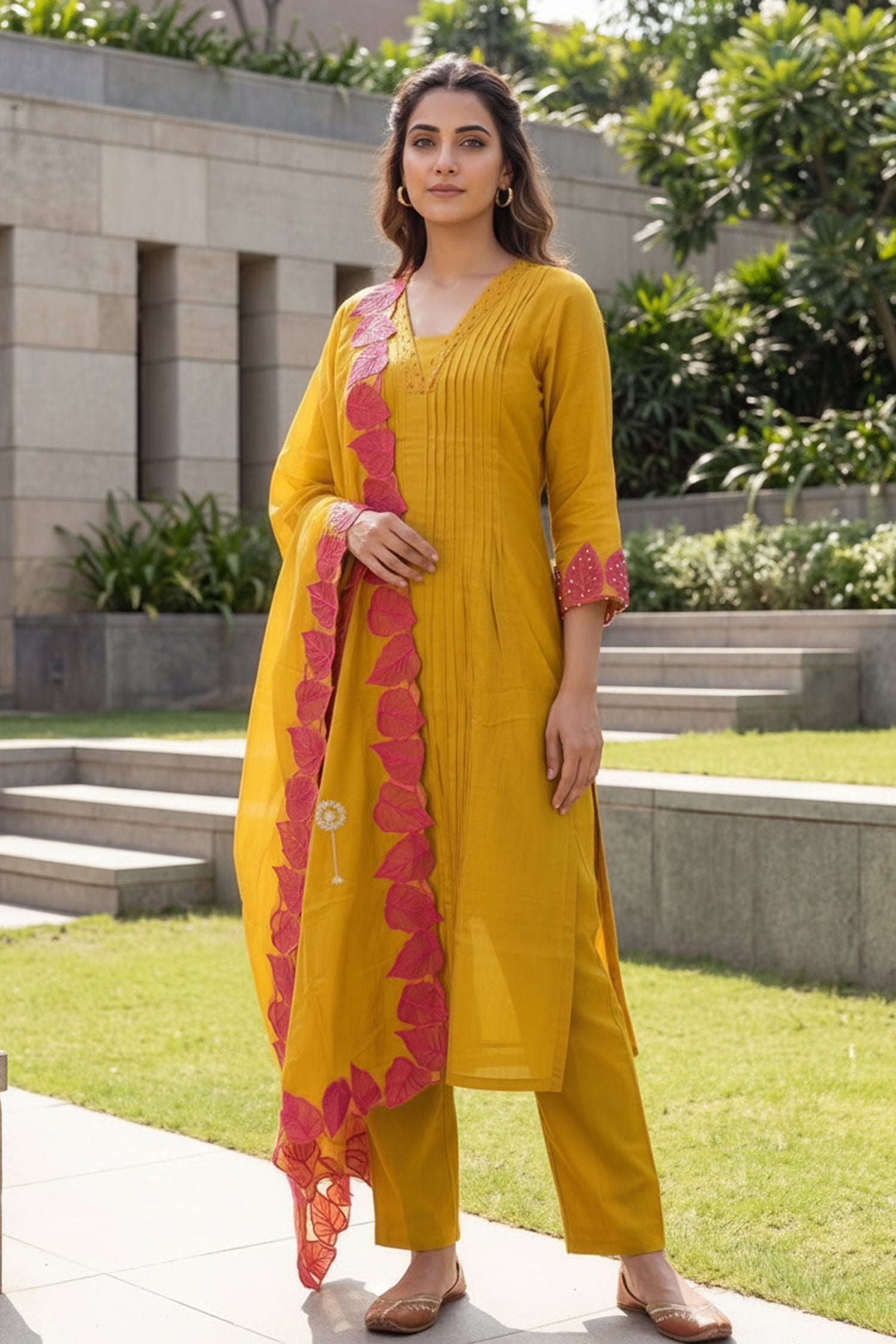 Mustard Pink Leaf Embroidered Three Piece Suit