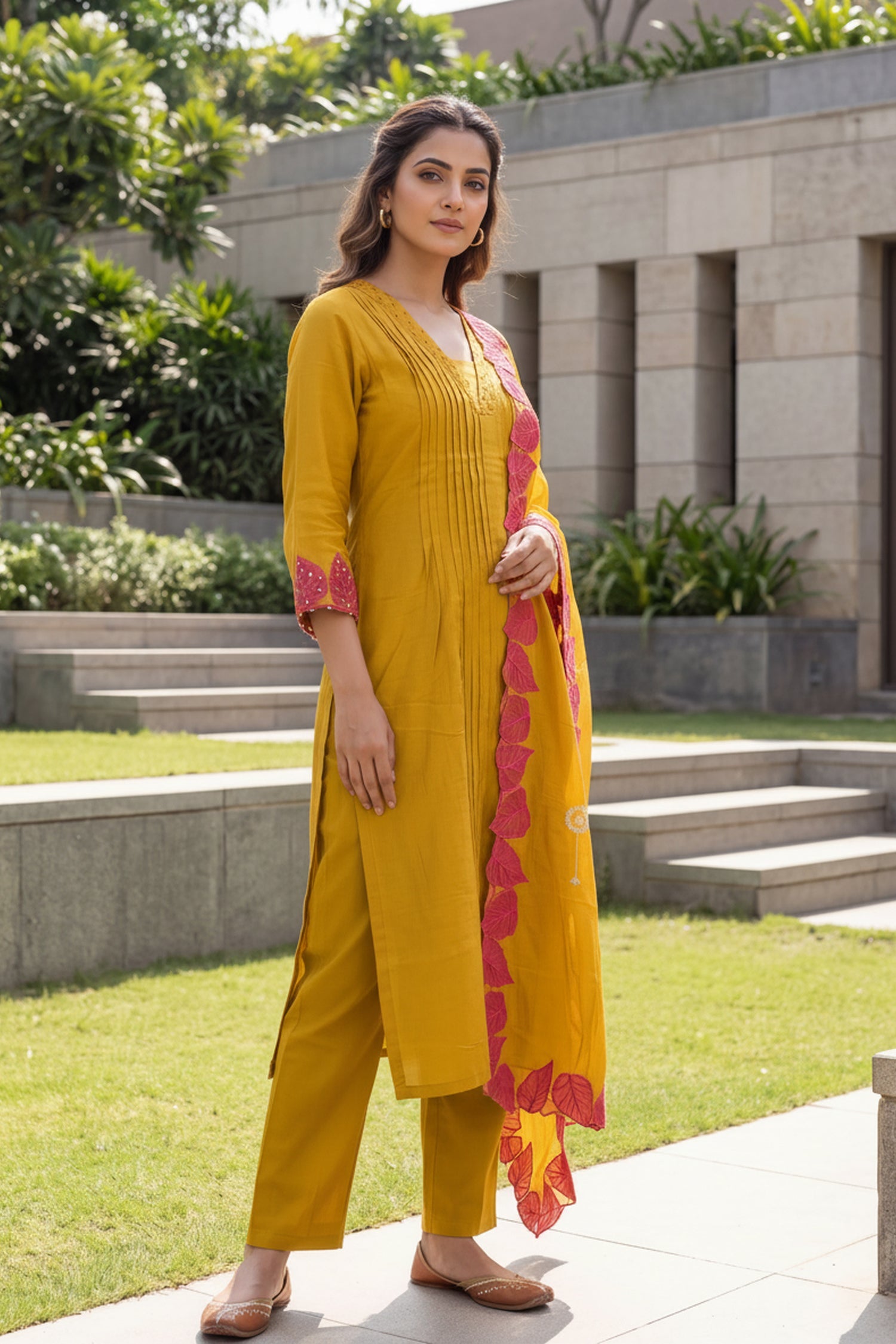 Mustard Pink Leaf Embroidered Three Piece Suit