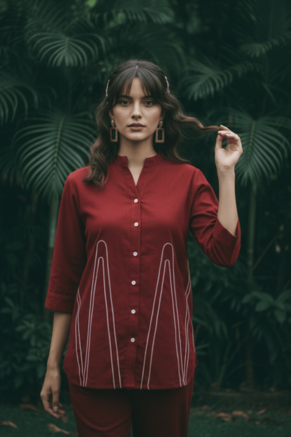 Linen Cotton Maroon Red Relax Fit Cord Set. - Freyaa USA & Canada