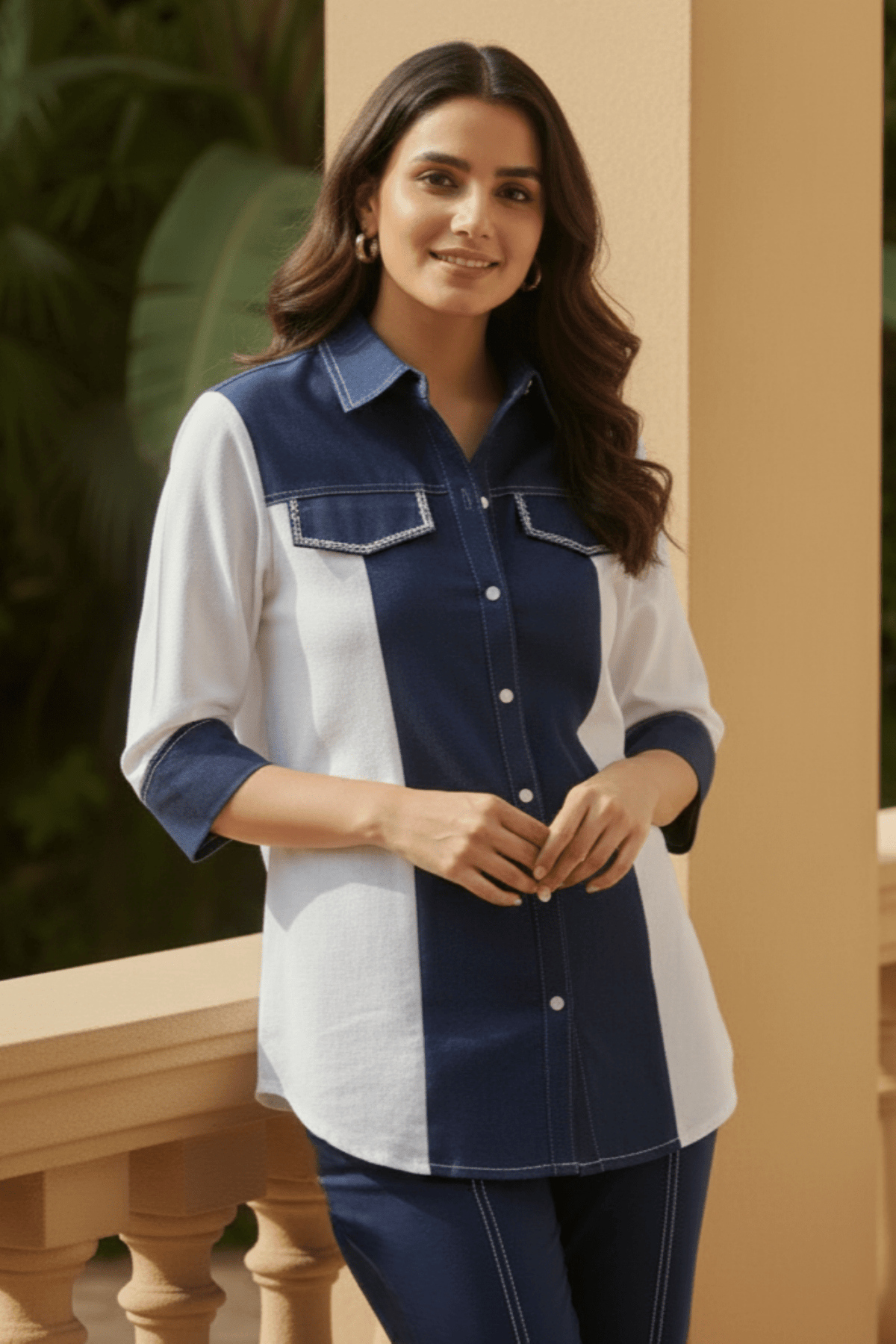 Denim Panelled Shirt and Pant Cord set - Freyaa USA & Canada