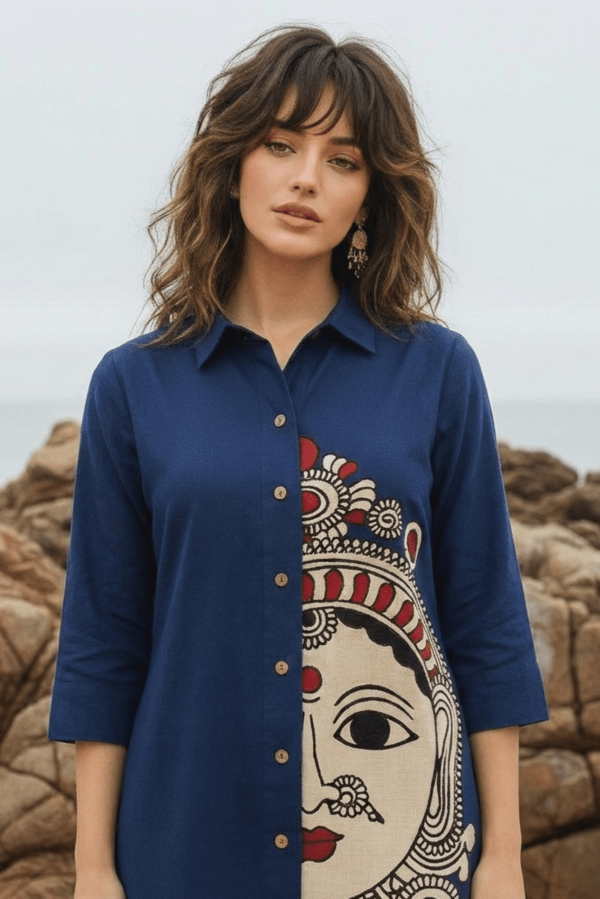 Relaxed Fit Kathakali Print Shirt Dress - Freyaa USA & Canada
