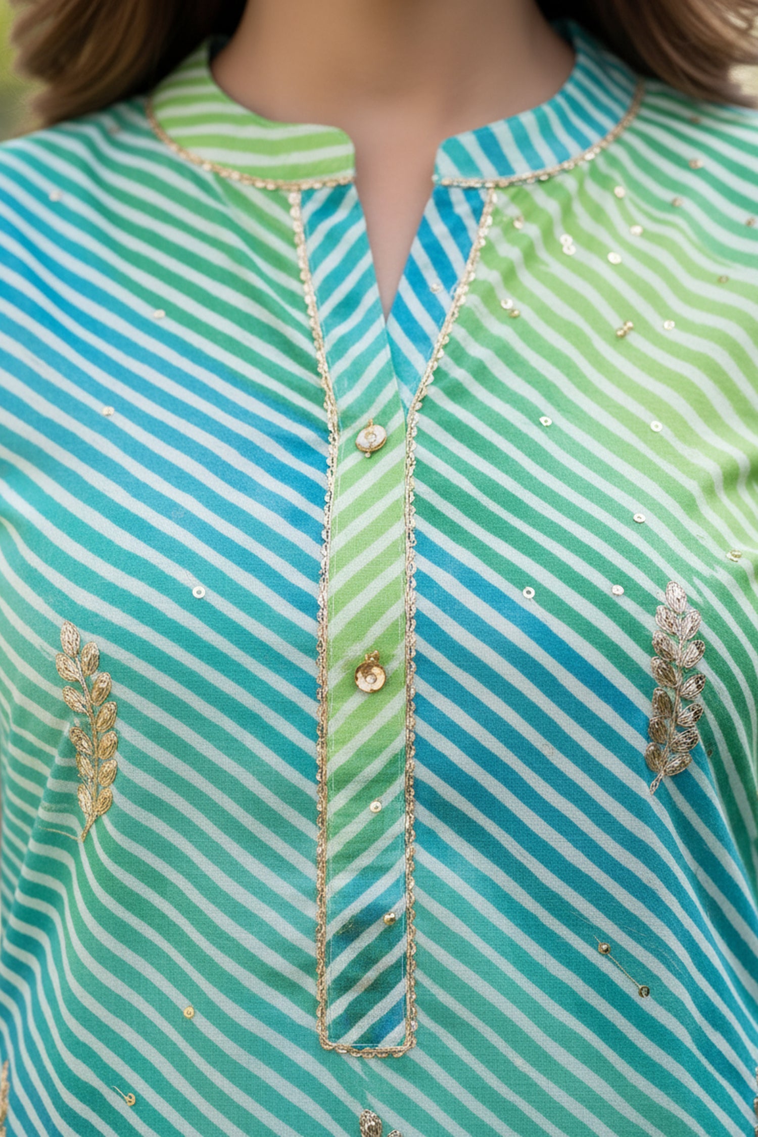 Teal Green & Yellow Striped Anarkali Kurta Set with Off-White Pleated A-Line Inner