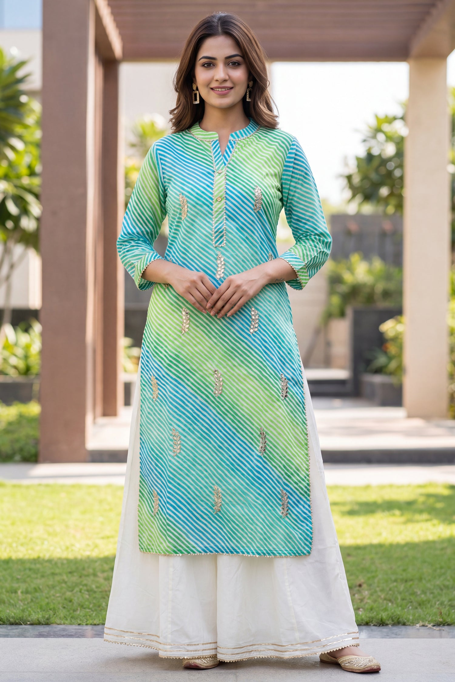 Teal Green & Yellow Striped Anarkali Kurta Set with Off-White Pleated A-Line Inner