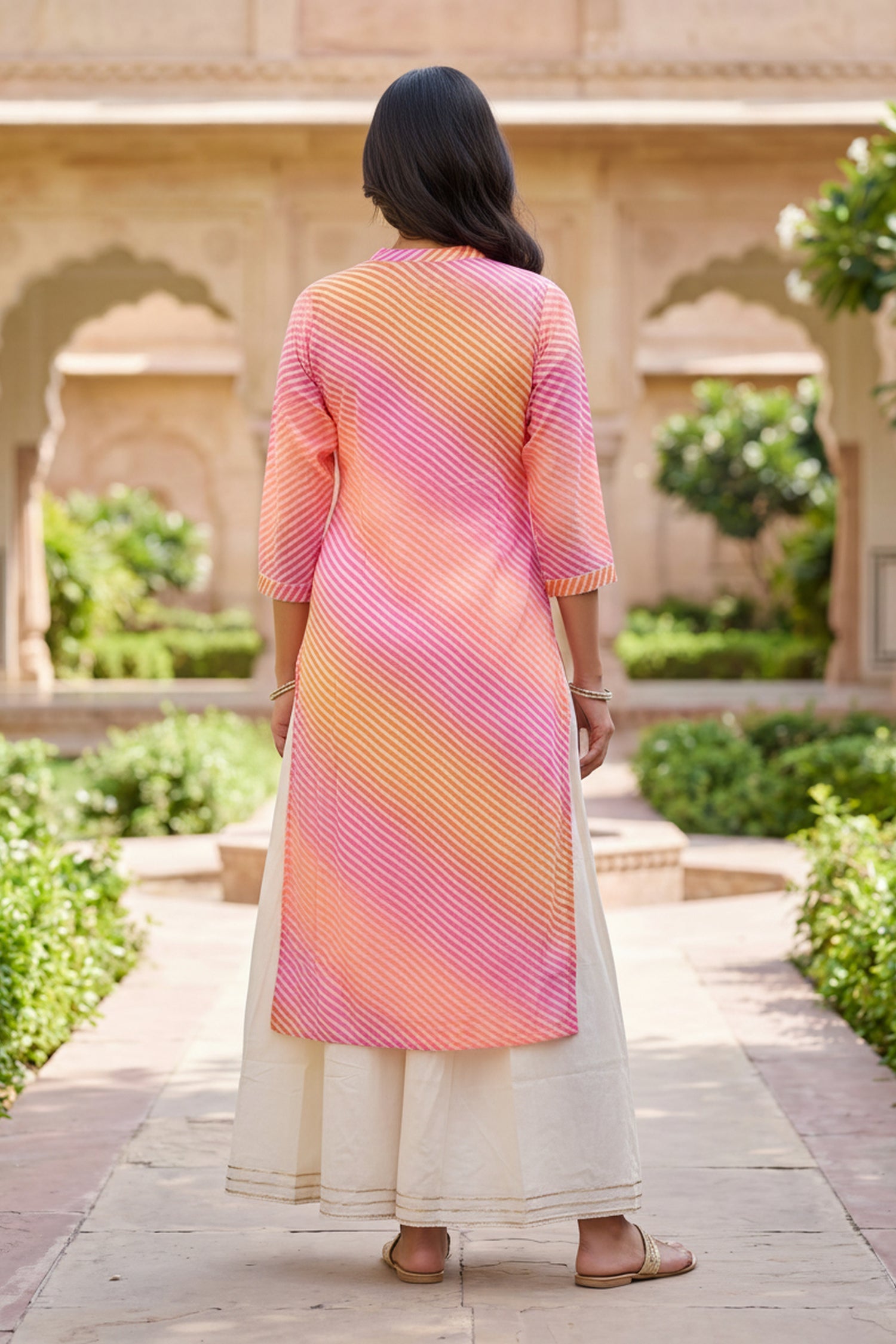 Pink & Yellow Striped Anarkali Kurta Set with off-White Pleated A-Line Inner.