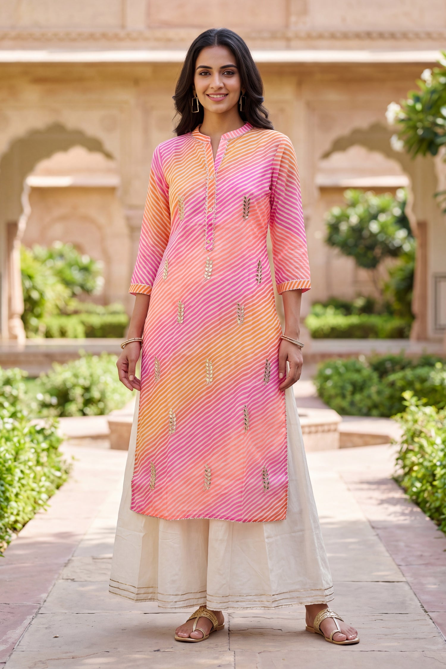 Pink & Yellow Striped Anarkali Kurta Set with off-White Pleated A-Line Inner.