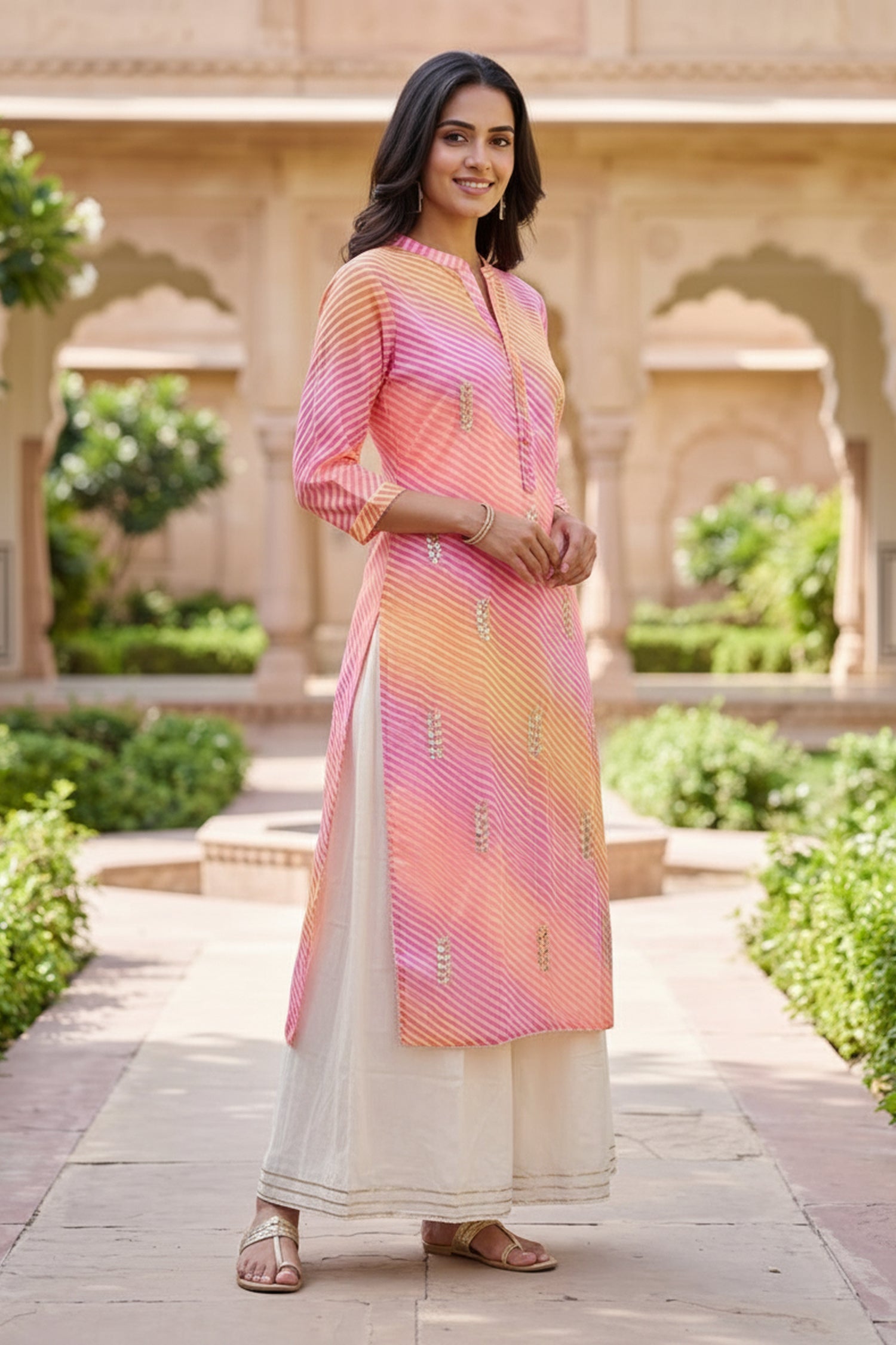Pink & Yellow Striped Anarkali Kurta Set with off-White Pleated A-Line Inner.