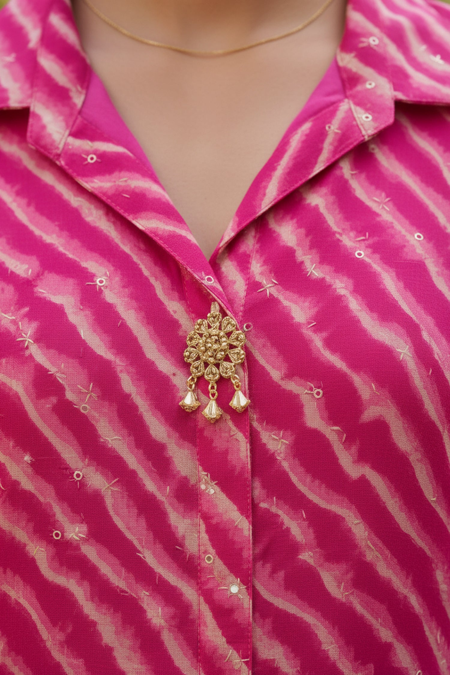 Rani Pink Georgette Leheriya Tunic With Pant Co-Ord Set.