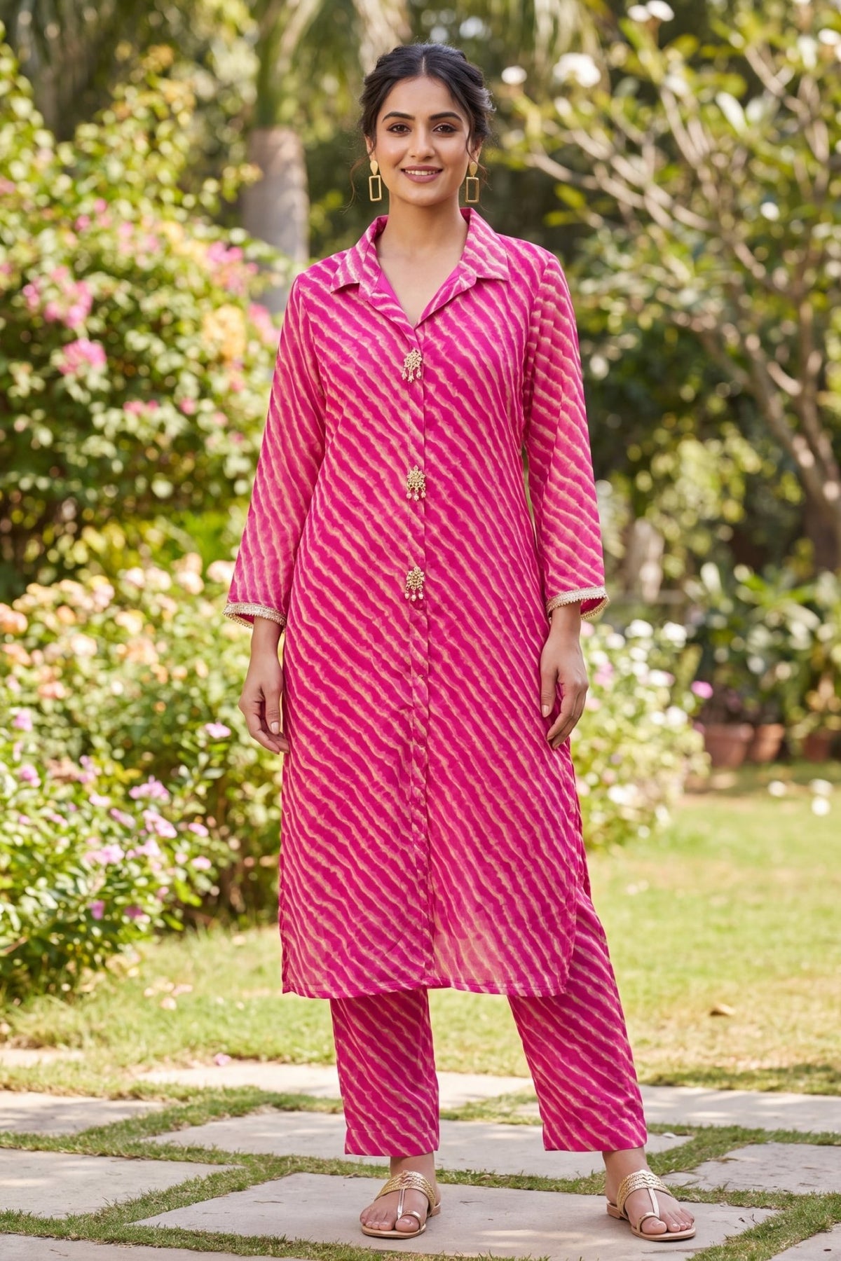 Rani Pink Georgette Leheriya Tunic With Pant Co-Ord Set. - Freyaa