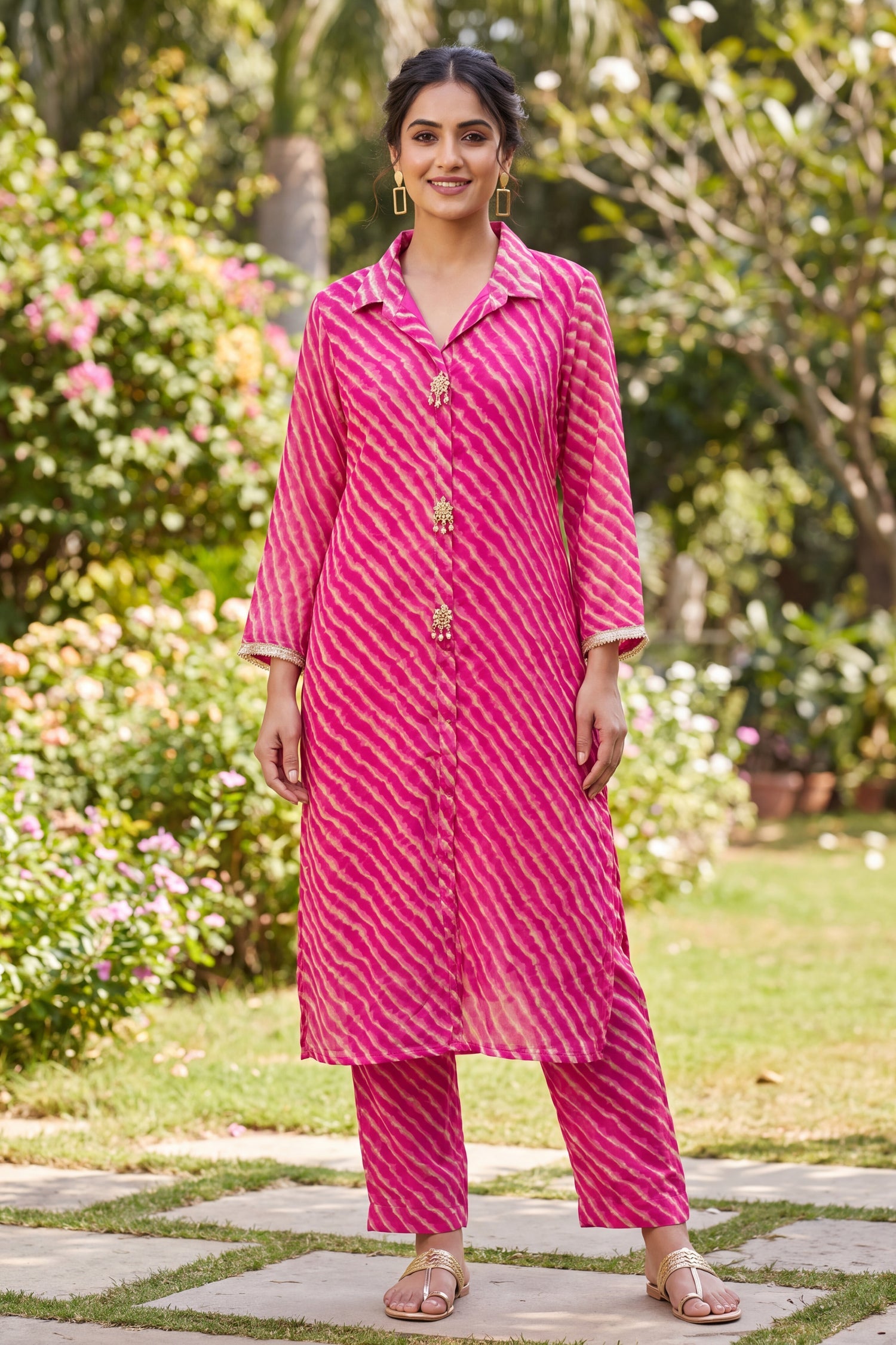 Rani Pink Georgette Leheriya Tunic With Pant Co-Ord Set.