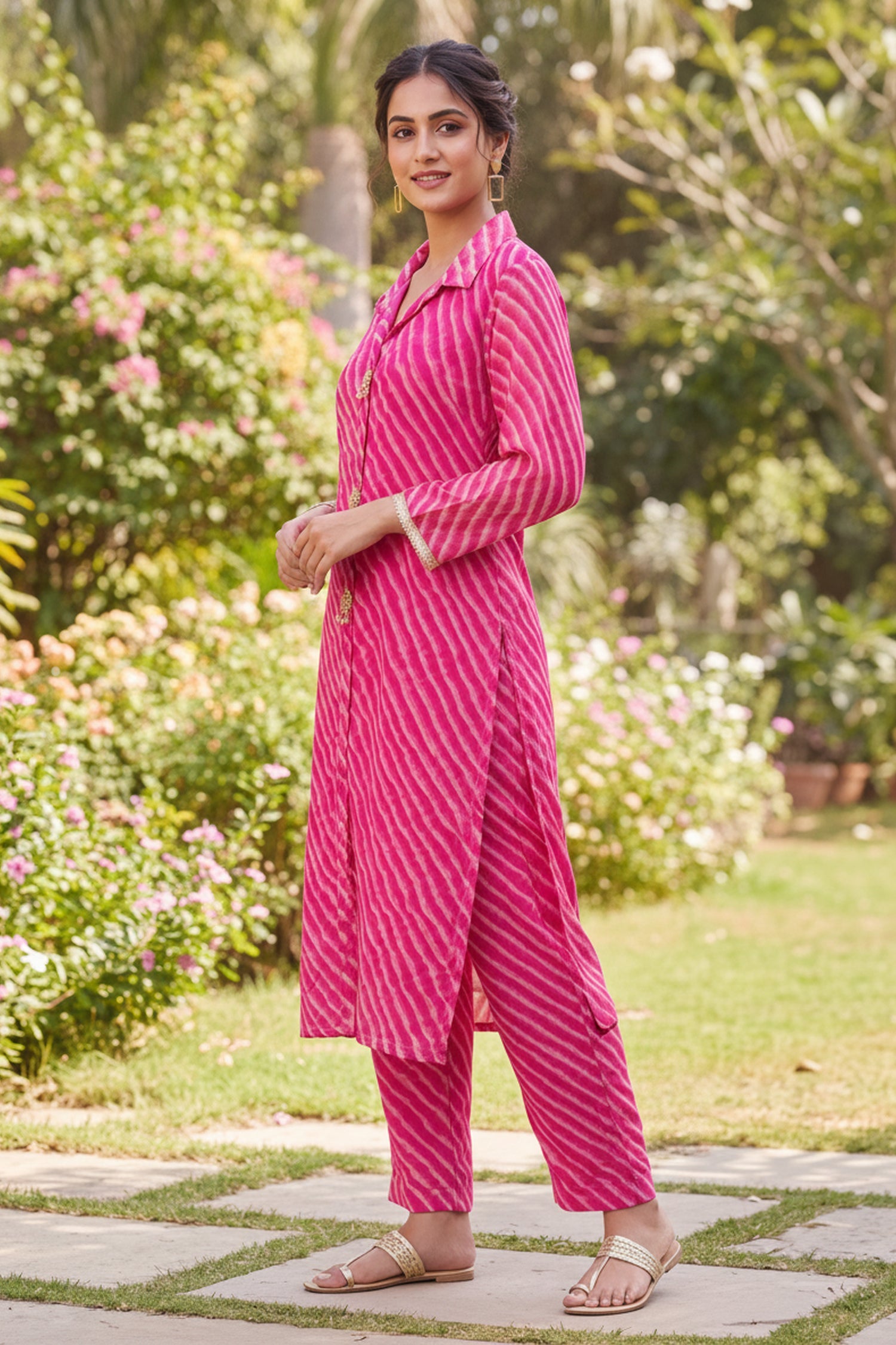 Rani Pink Georgette Leheriya Tunic With Pant Co-Ord Set.