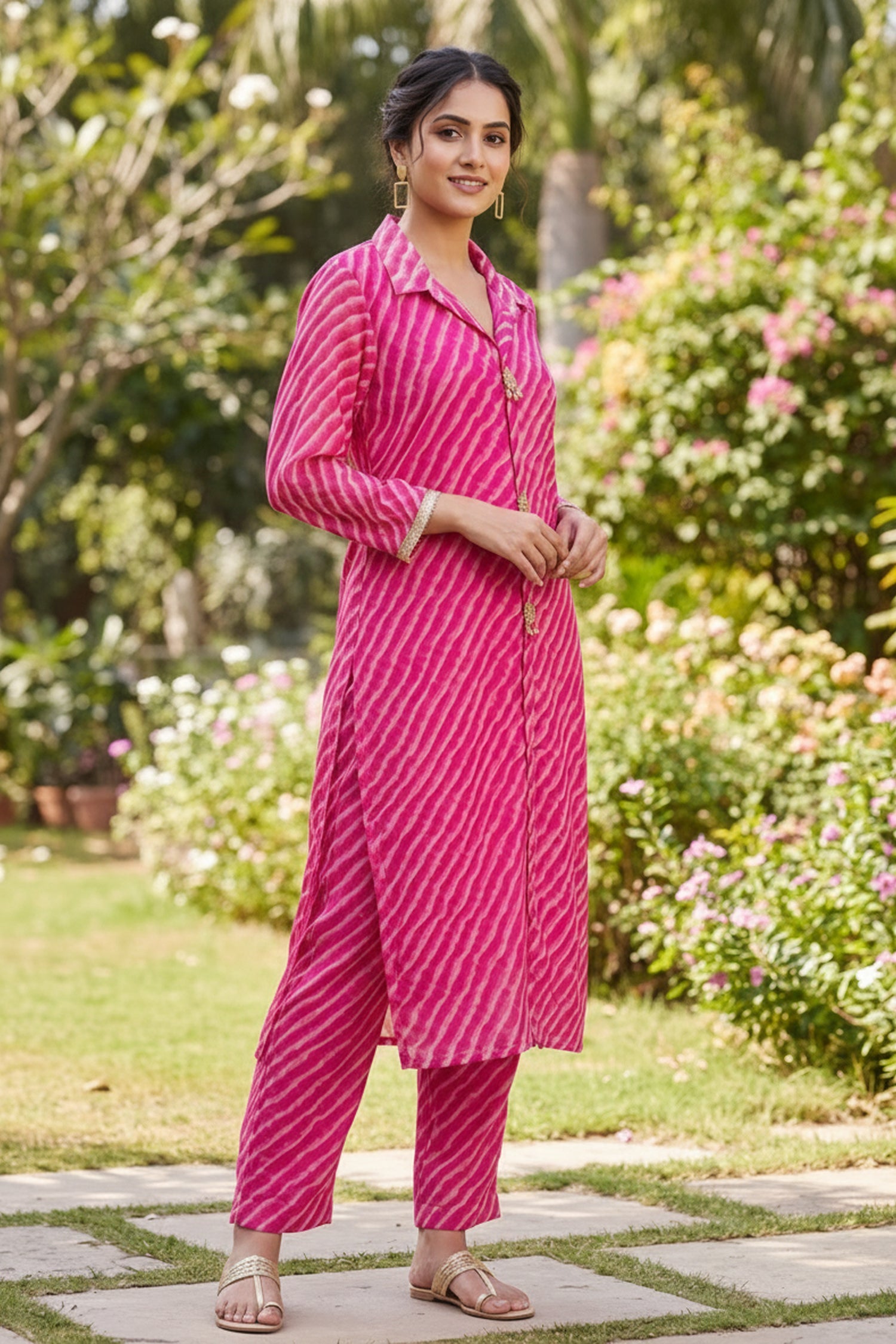 Rani Pink Georgette Leheriya Tunic With Pant Co-Ord Set.